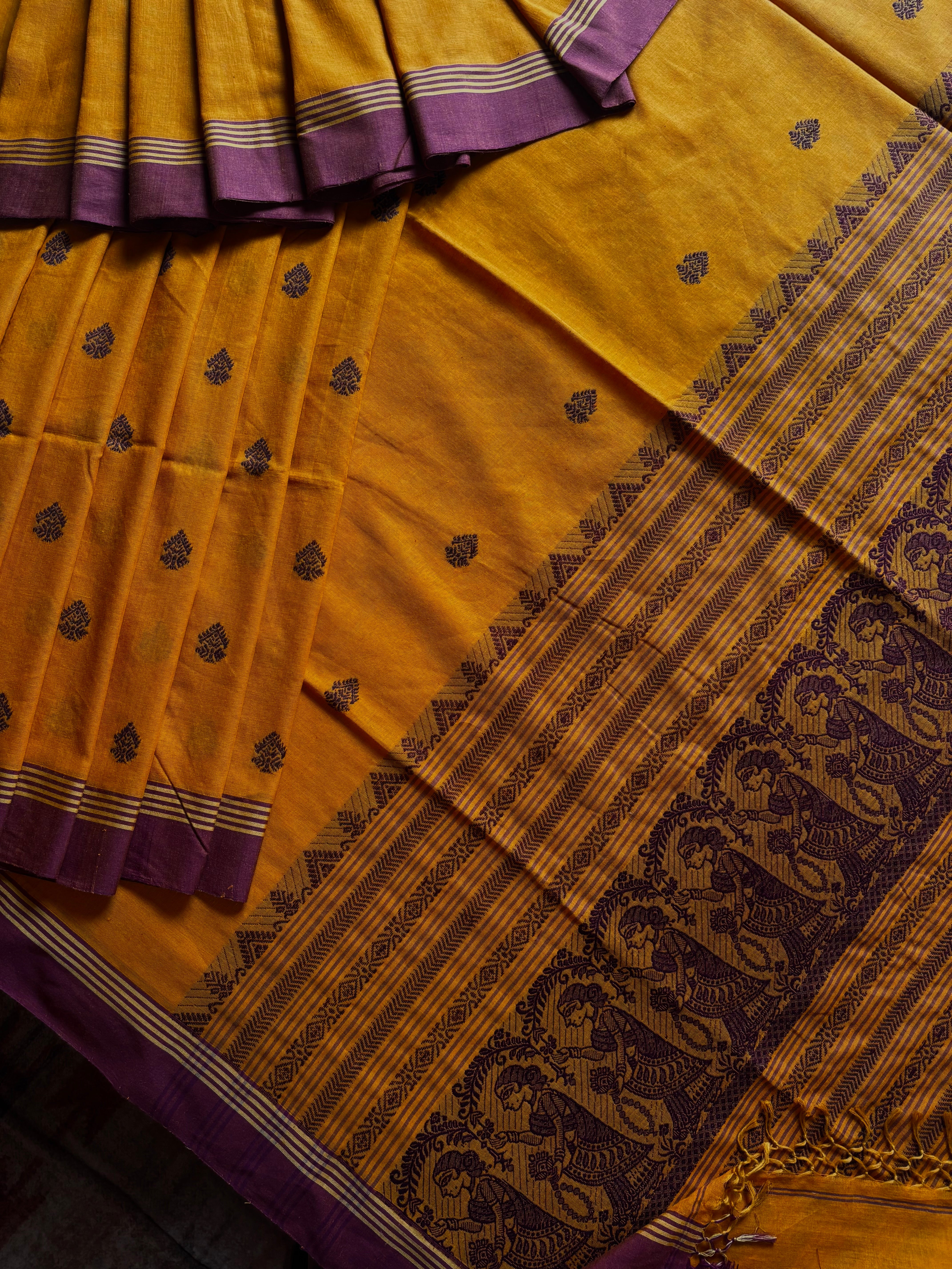 Handwoven Mustard Yellow Colour Cotton Baluchari Saree