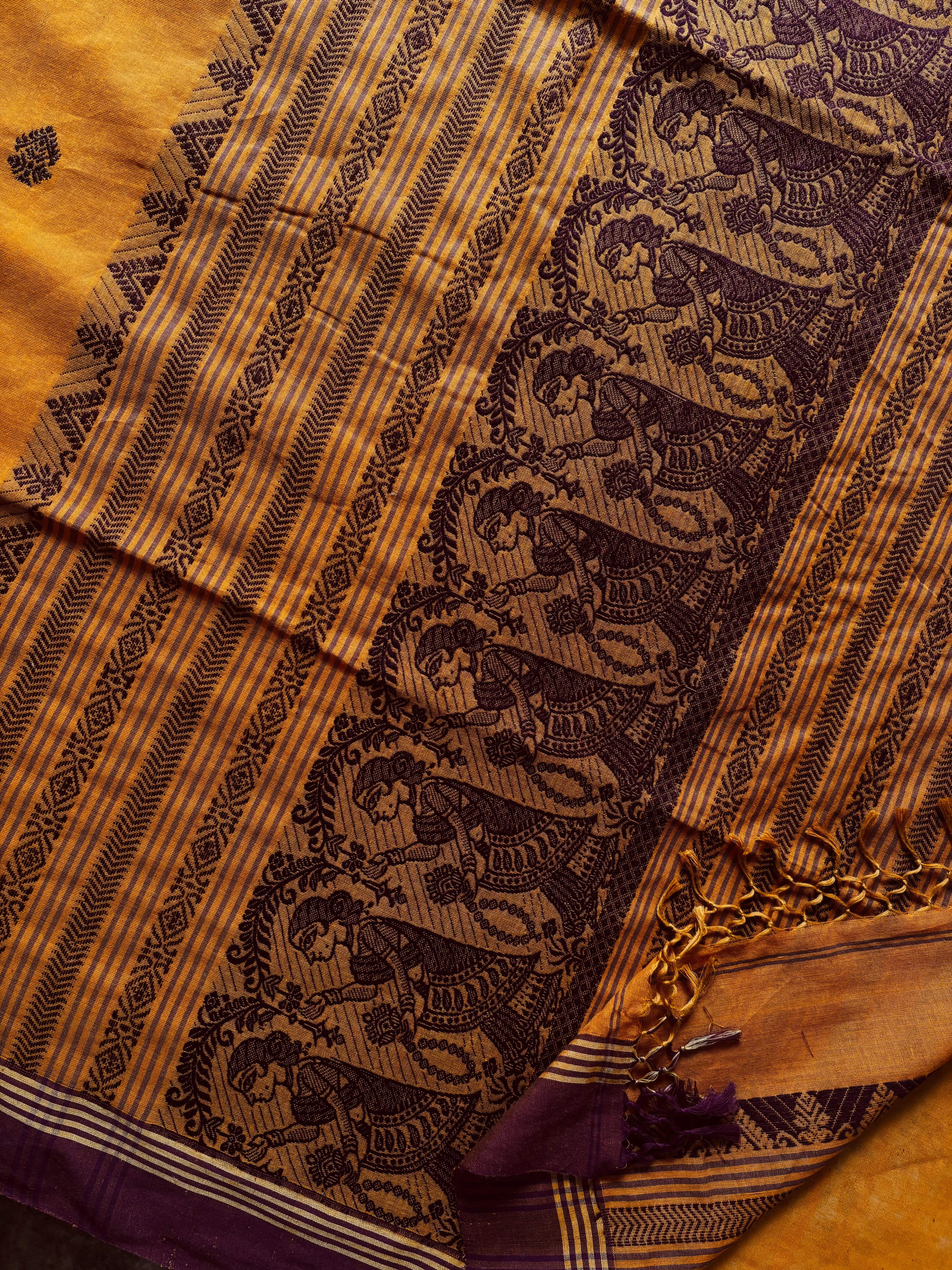Handwoven Mustard Yellow Colour Cotton Baluchari Saree