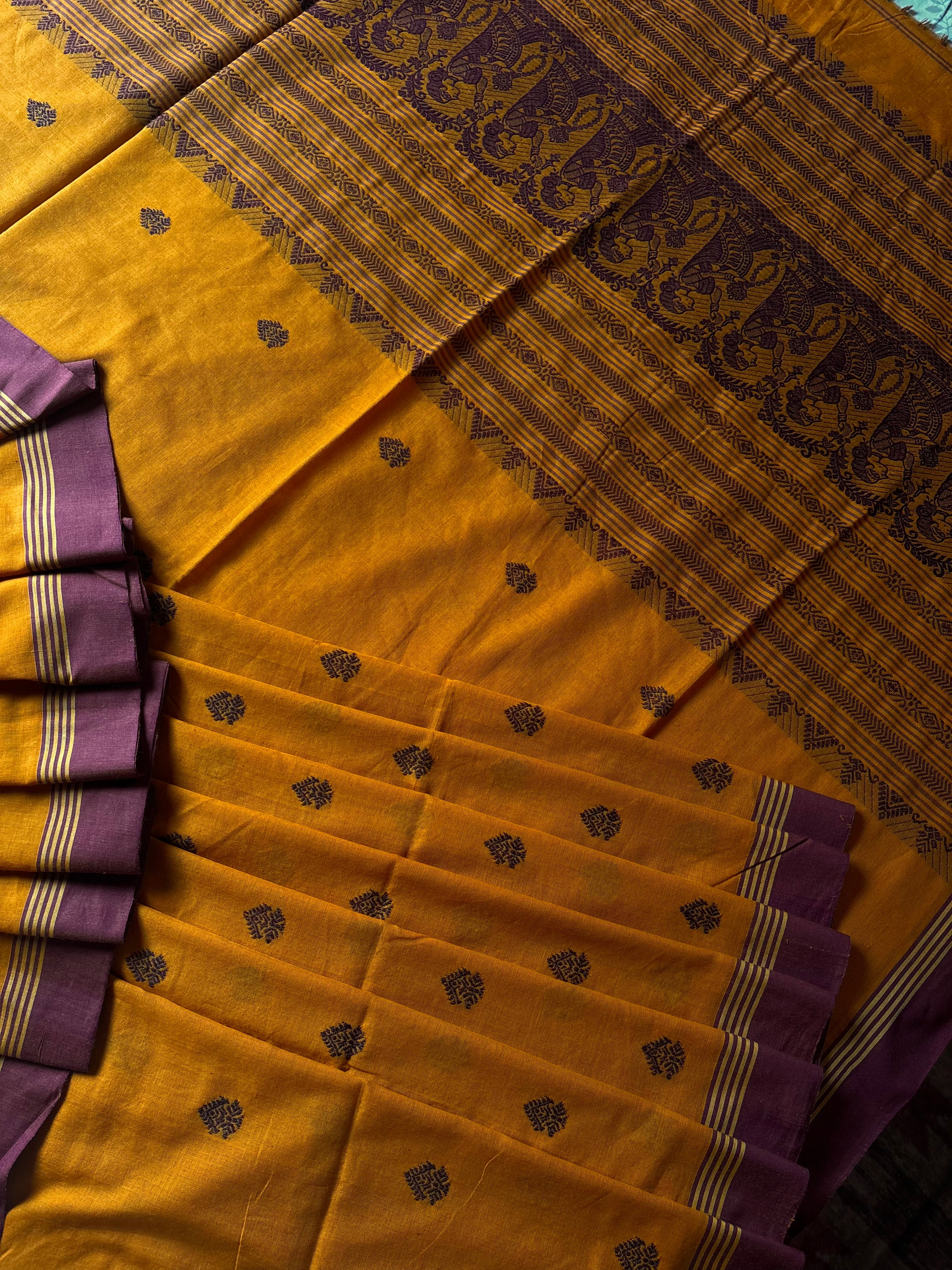 Handwoven Mustard Yellow Colour Cotton Baluchari Saree