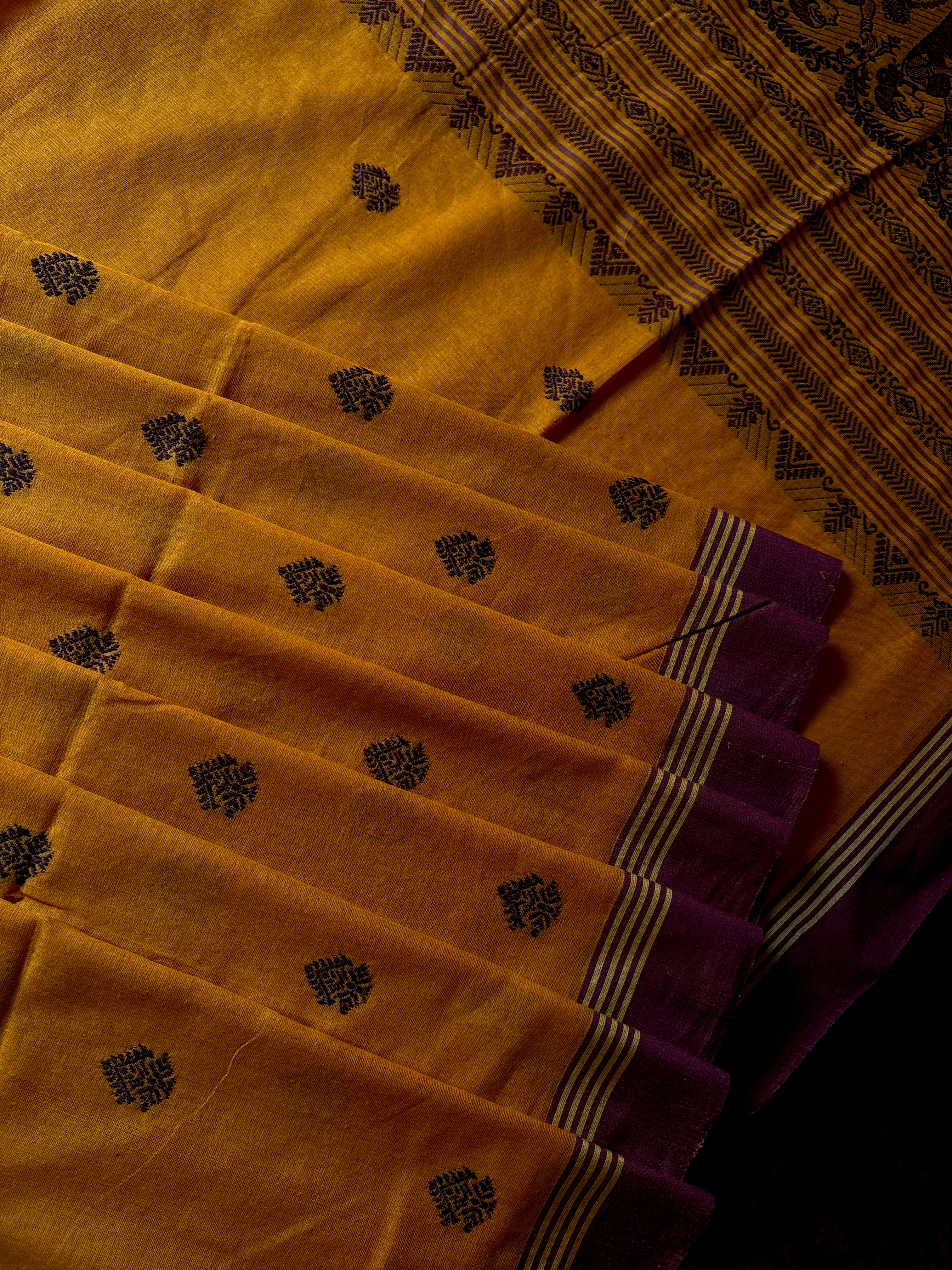 Handwoven Mustard Yellow Colour Cotton Baluchari Saree