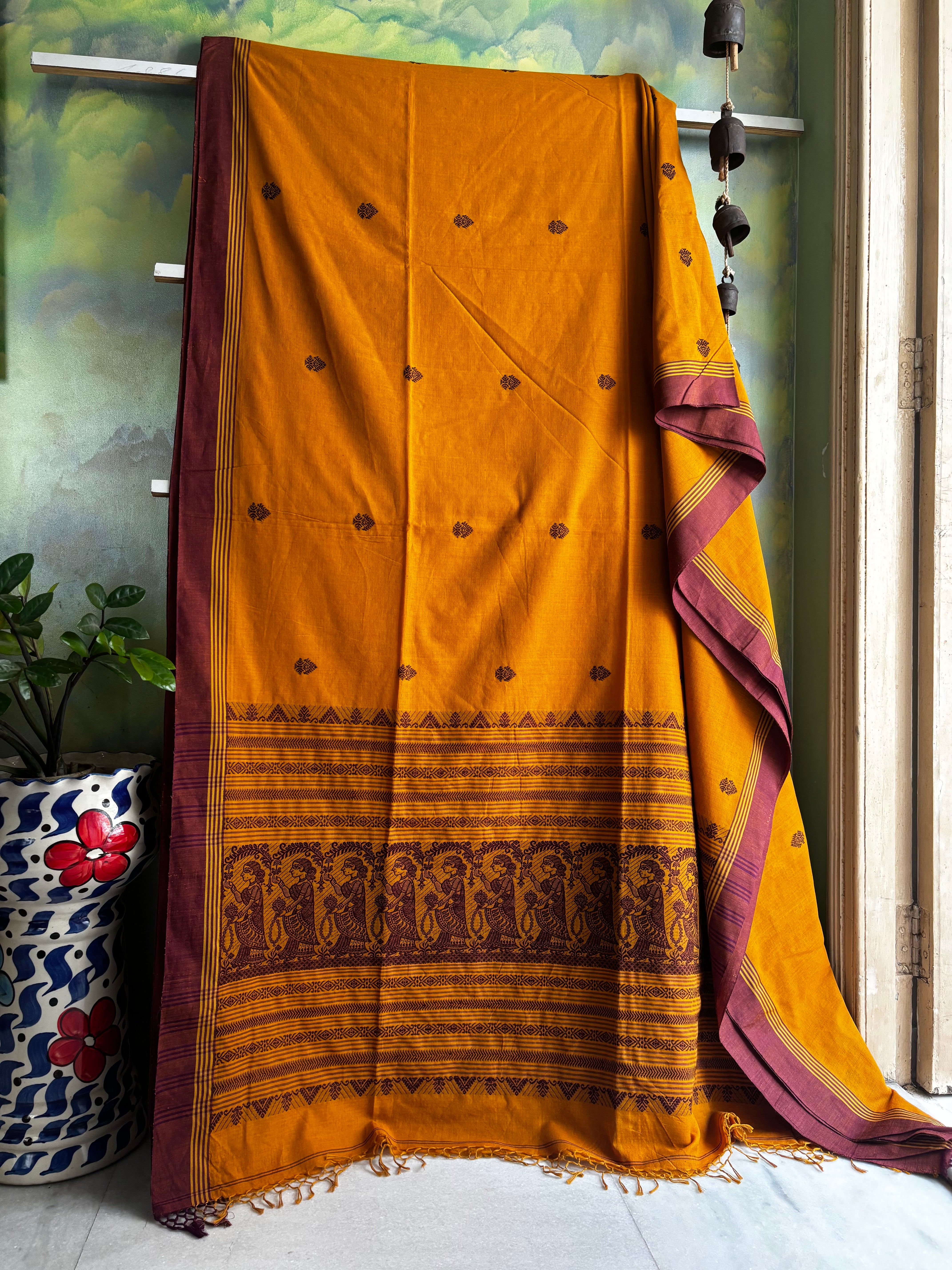 Handwoven Mustard Yellow Colour Cotton Baluchari Saree