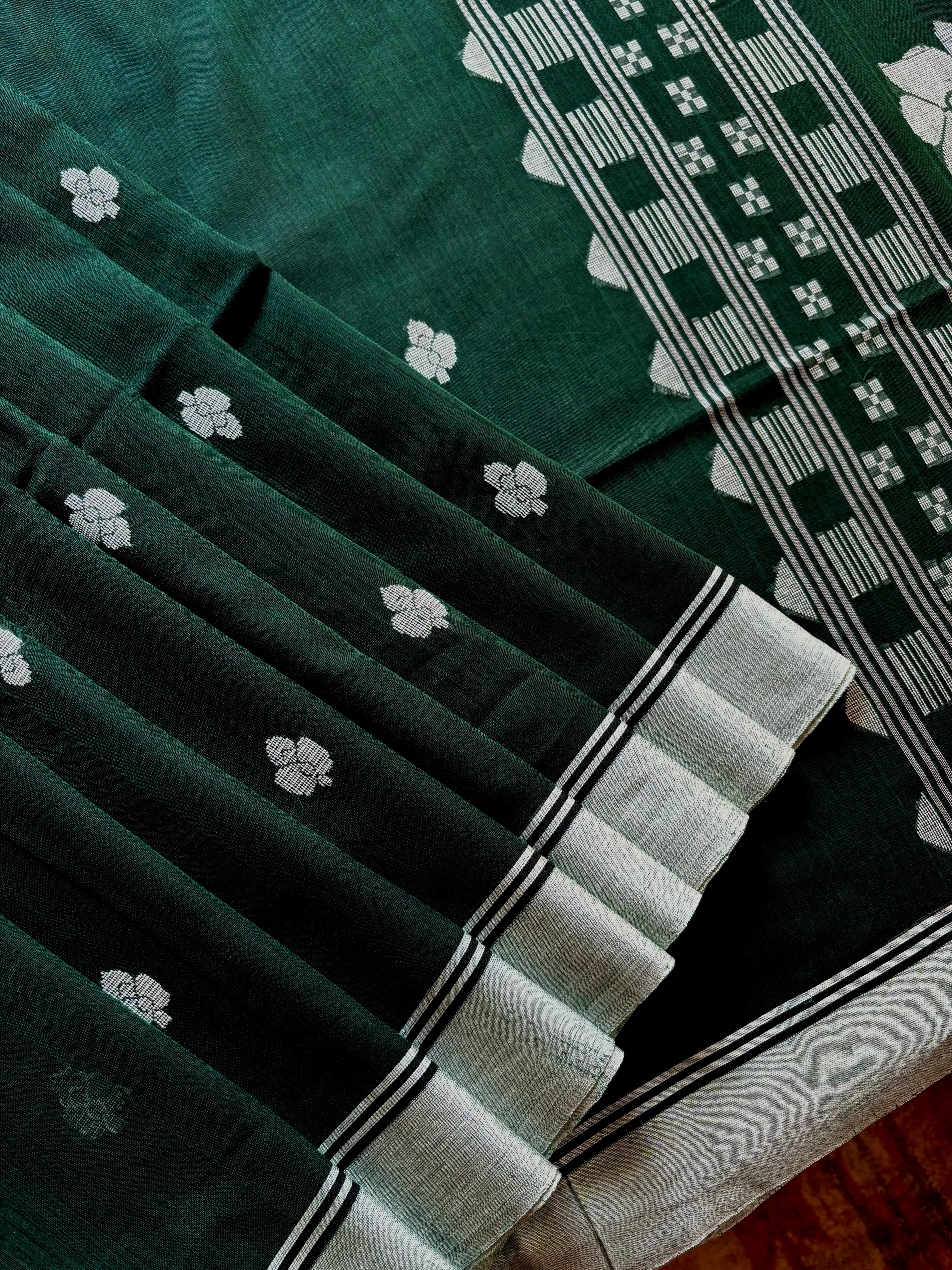 Handwoven Dark Emerald Green Phulia Cotton Saree