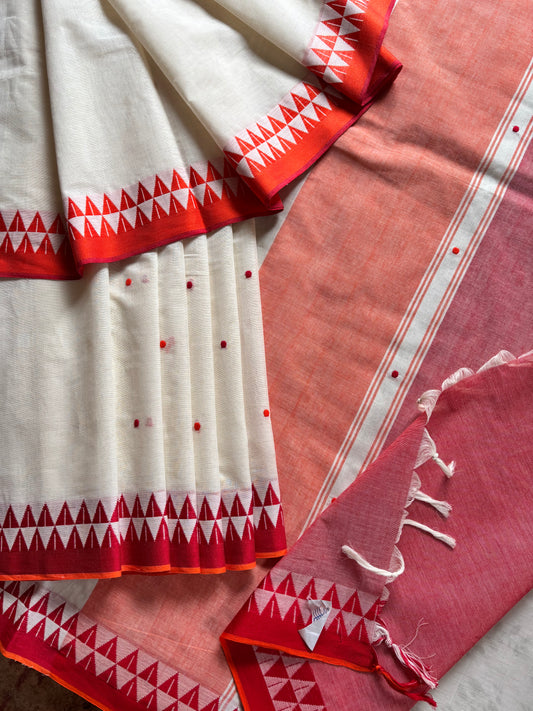 Handwoven White Red Yellow Ganga Yamuna Cotton Saree