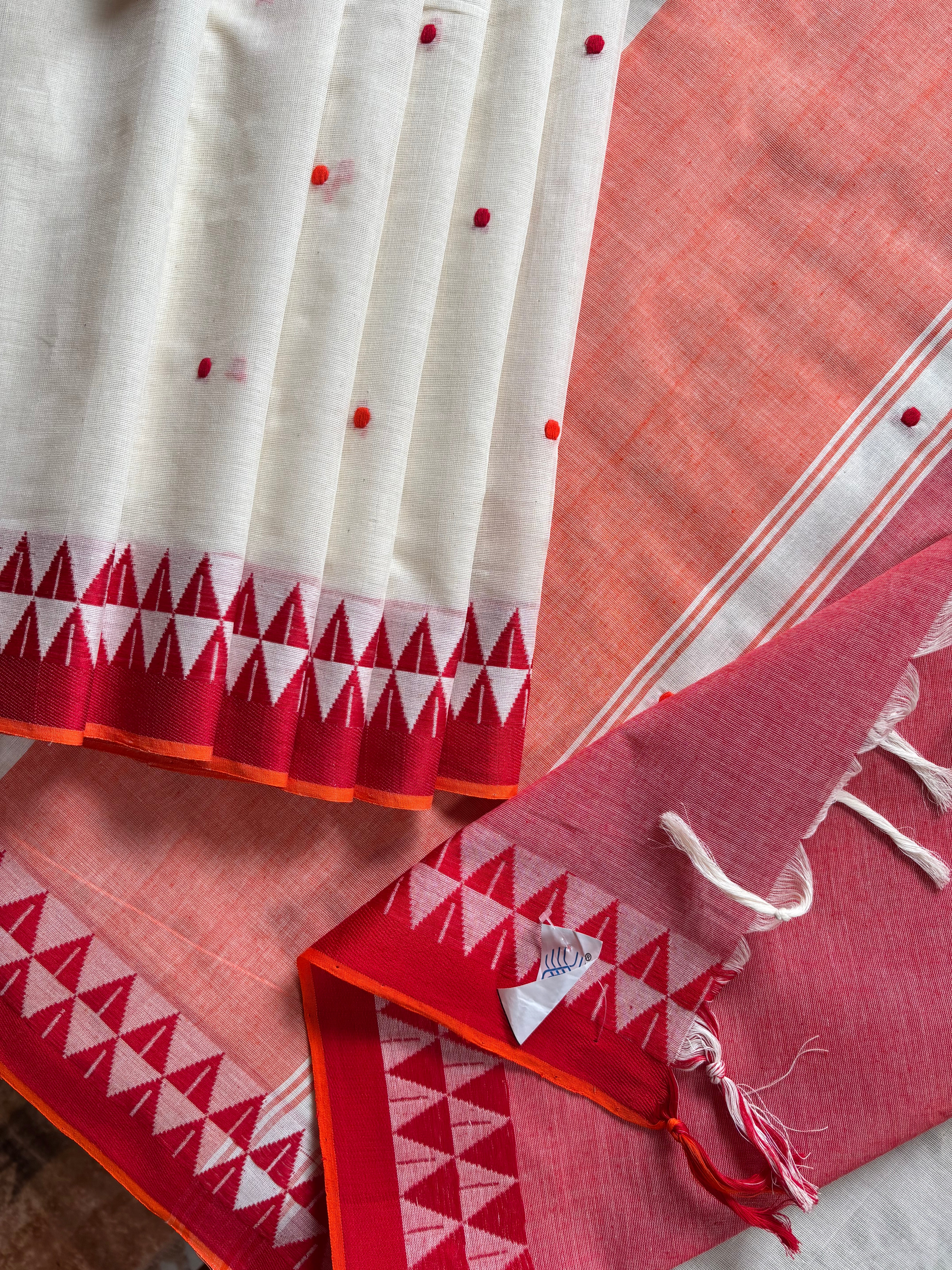 Handwoven White Red Yellow Ganga Yamuna Cotton Saree