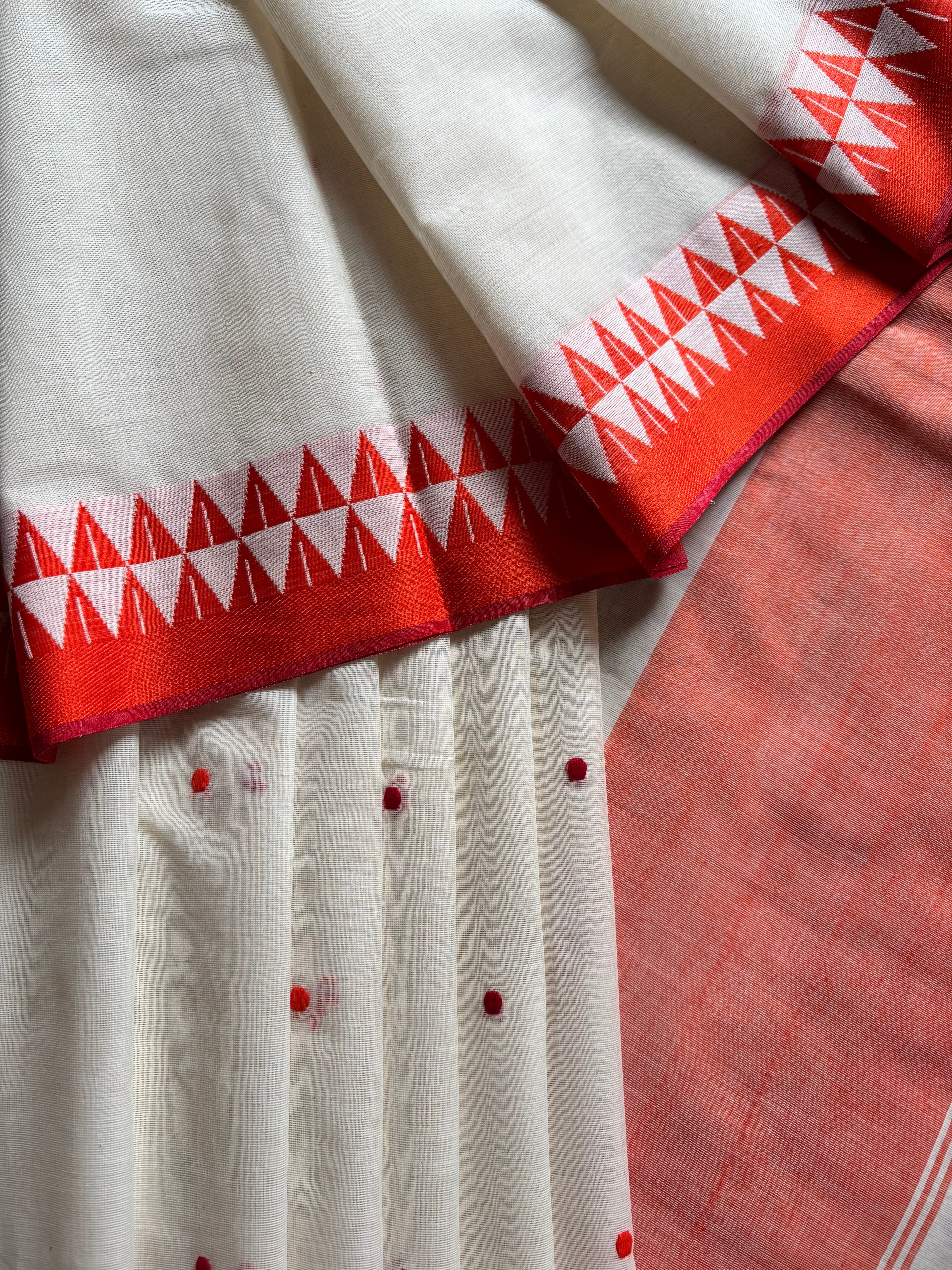 Handwoven White Red Yellow Ganga Yamuna Cotton Saree