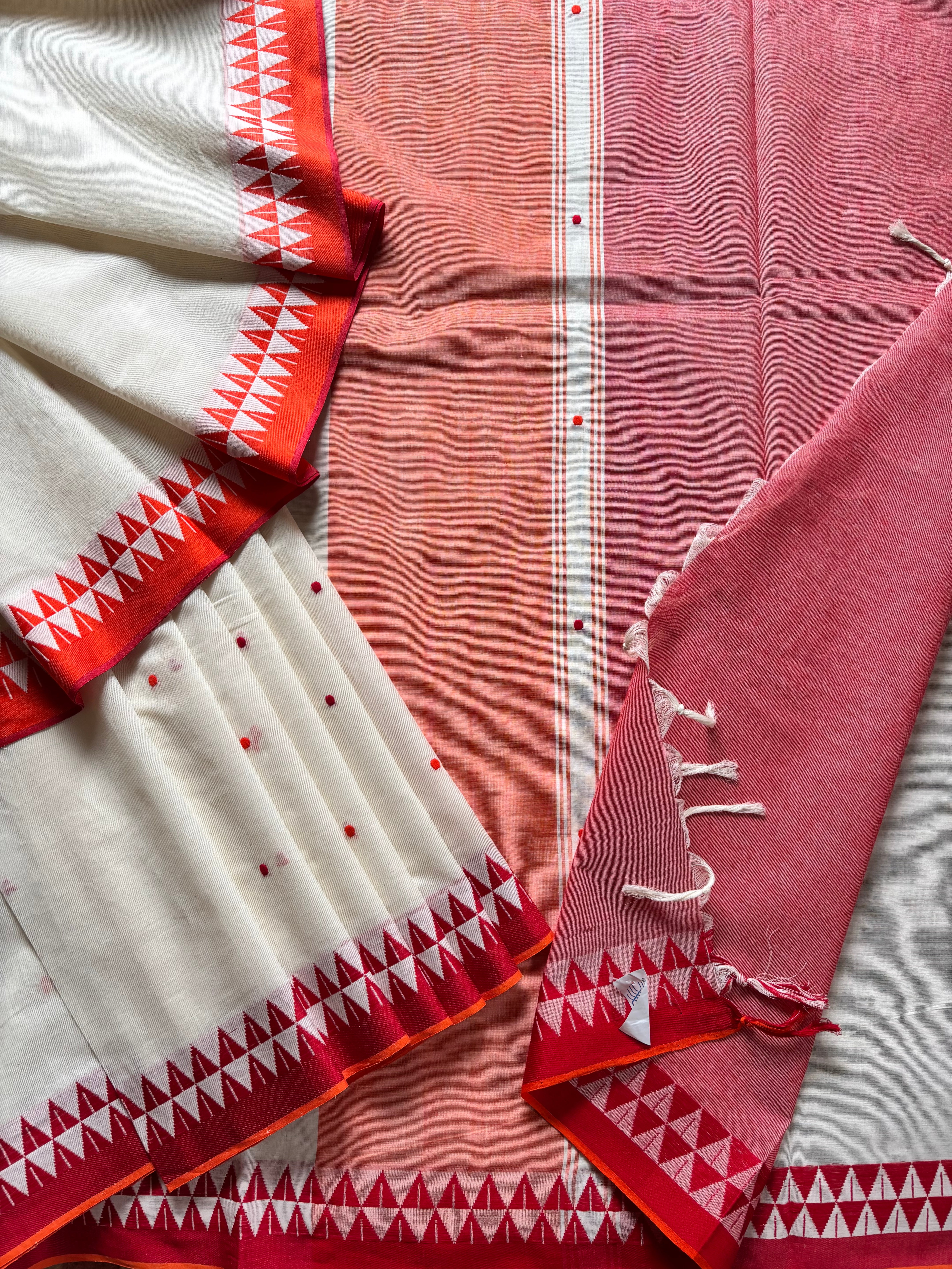 Handwoven White Red Yellow Ganga Yamuna Cotton Saree