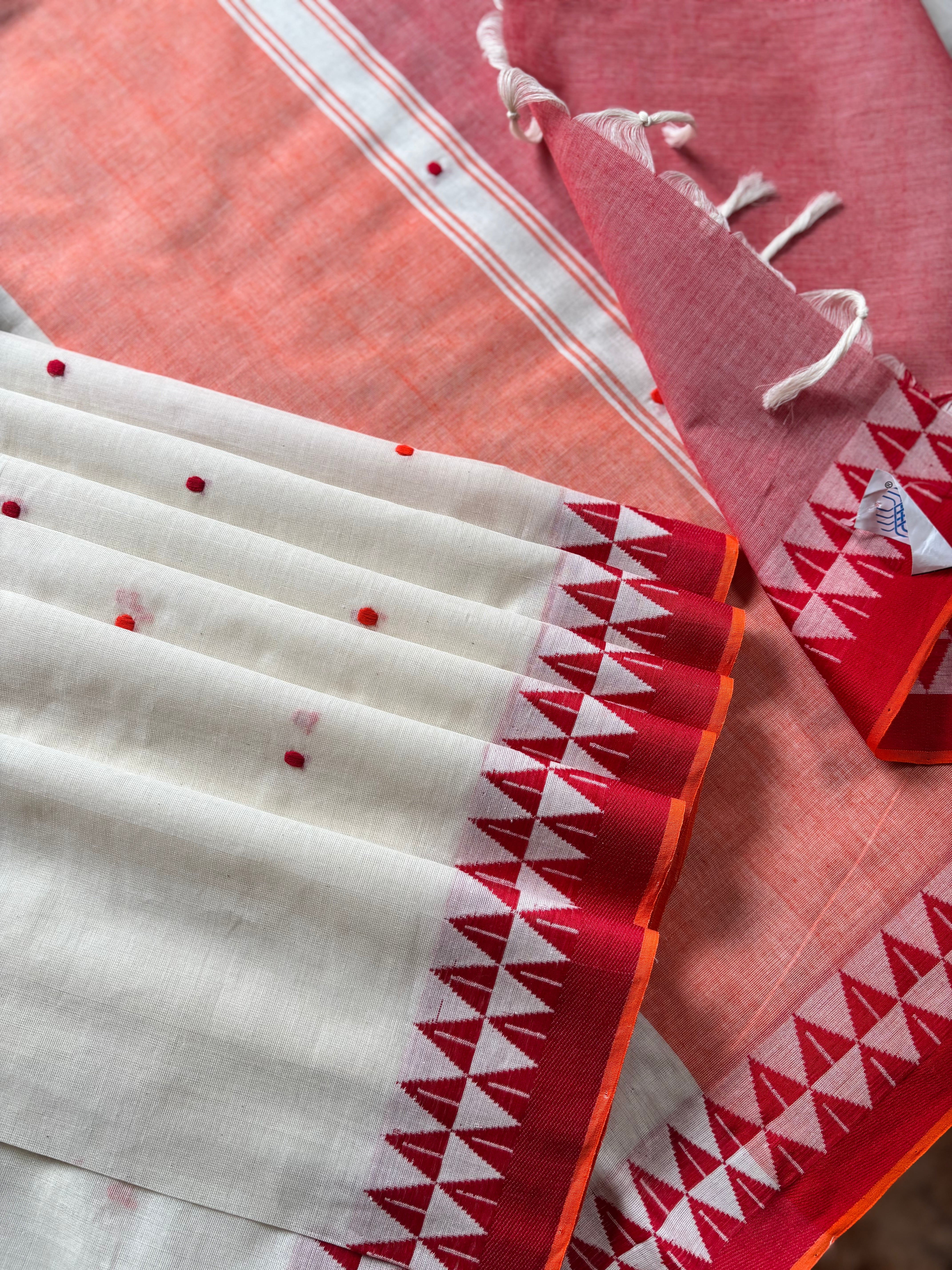Handwoven White Red Yellow Ganga Yamuna Cotton Saree