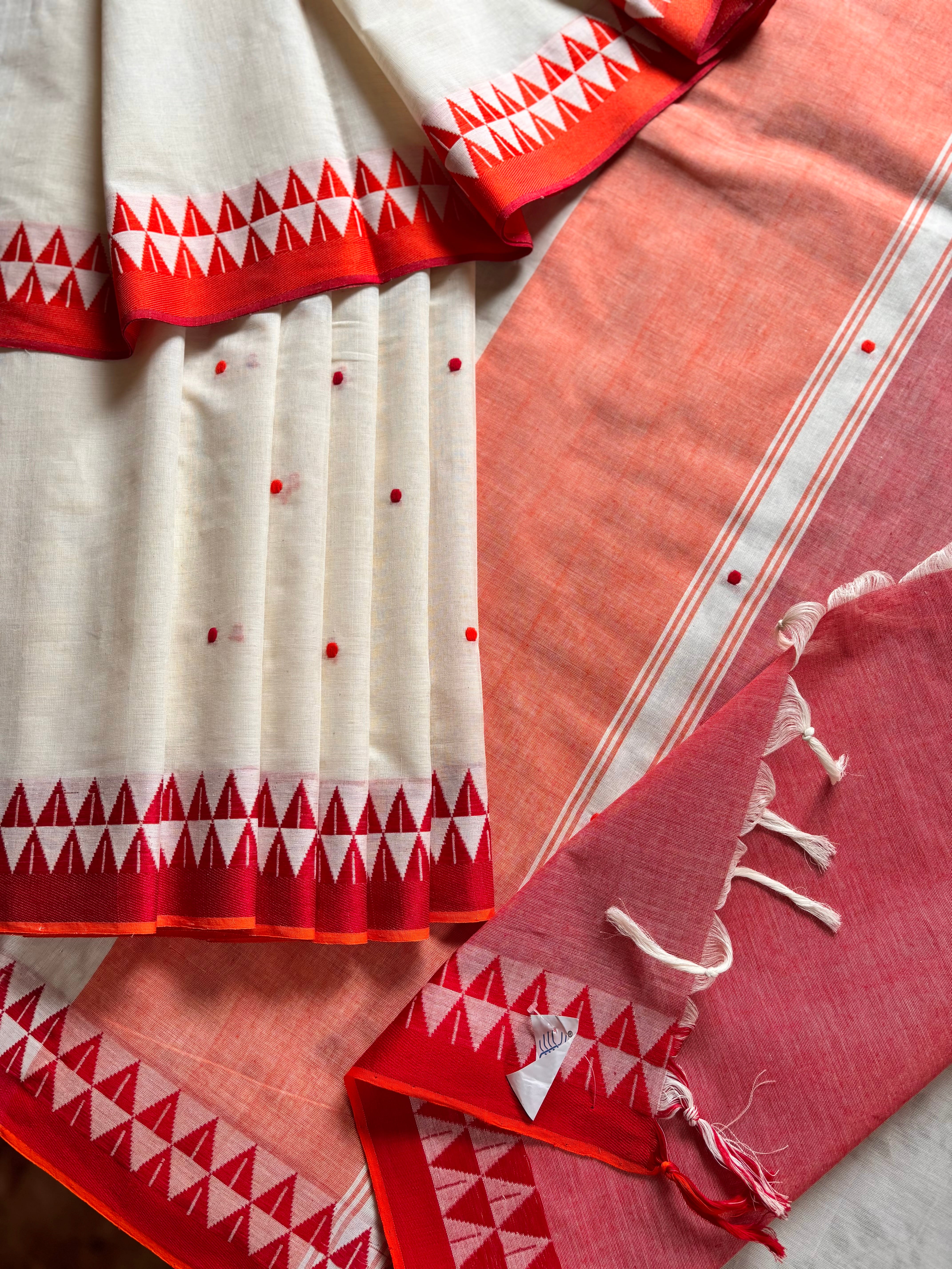 Handwoven White Red Yellow Ganga Yamuna Cotton Saree