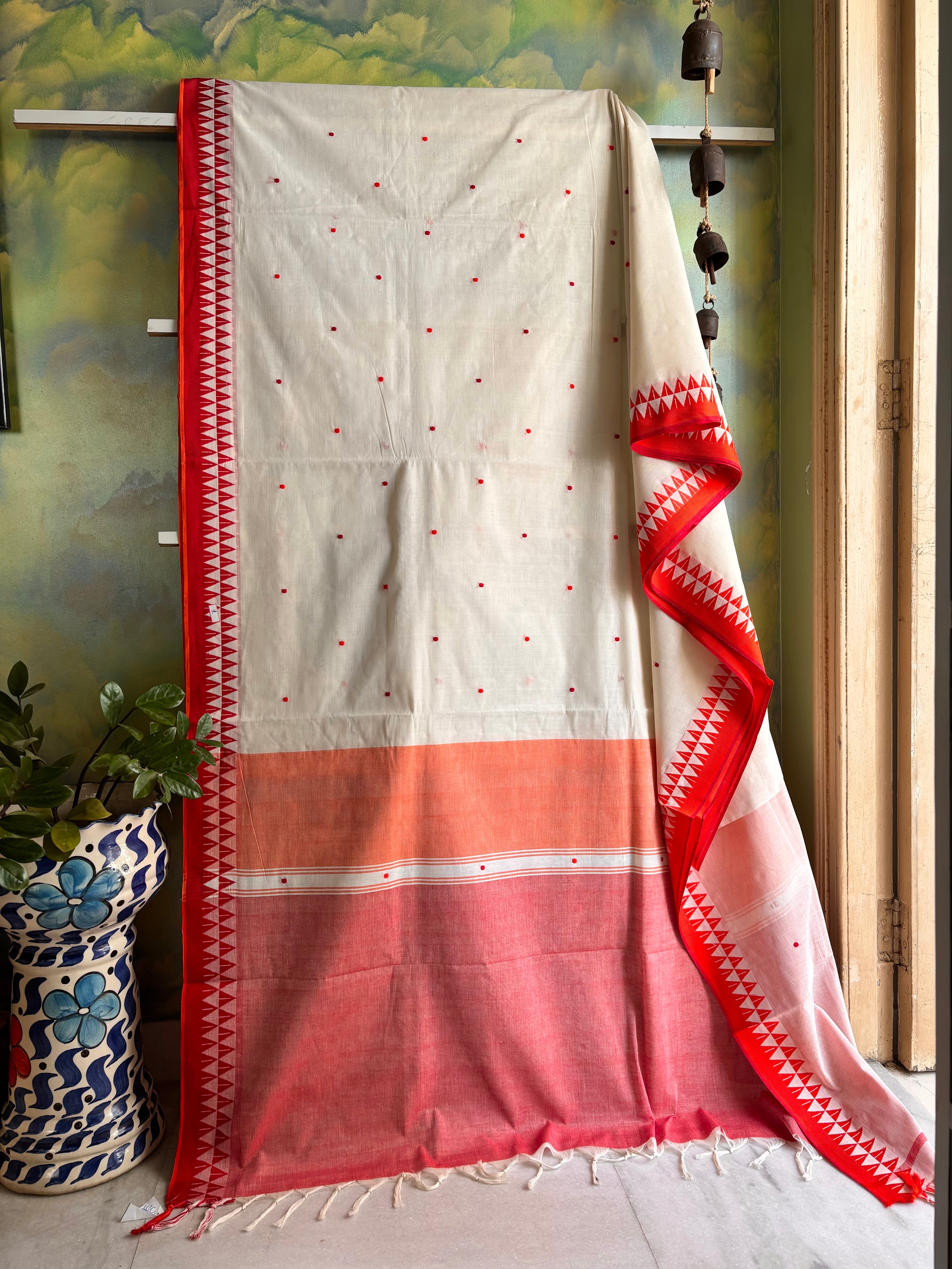 Handwoven White Red Yellow Ganga Yamuna Cotton Saree