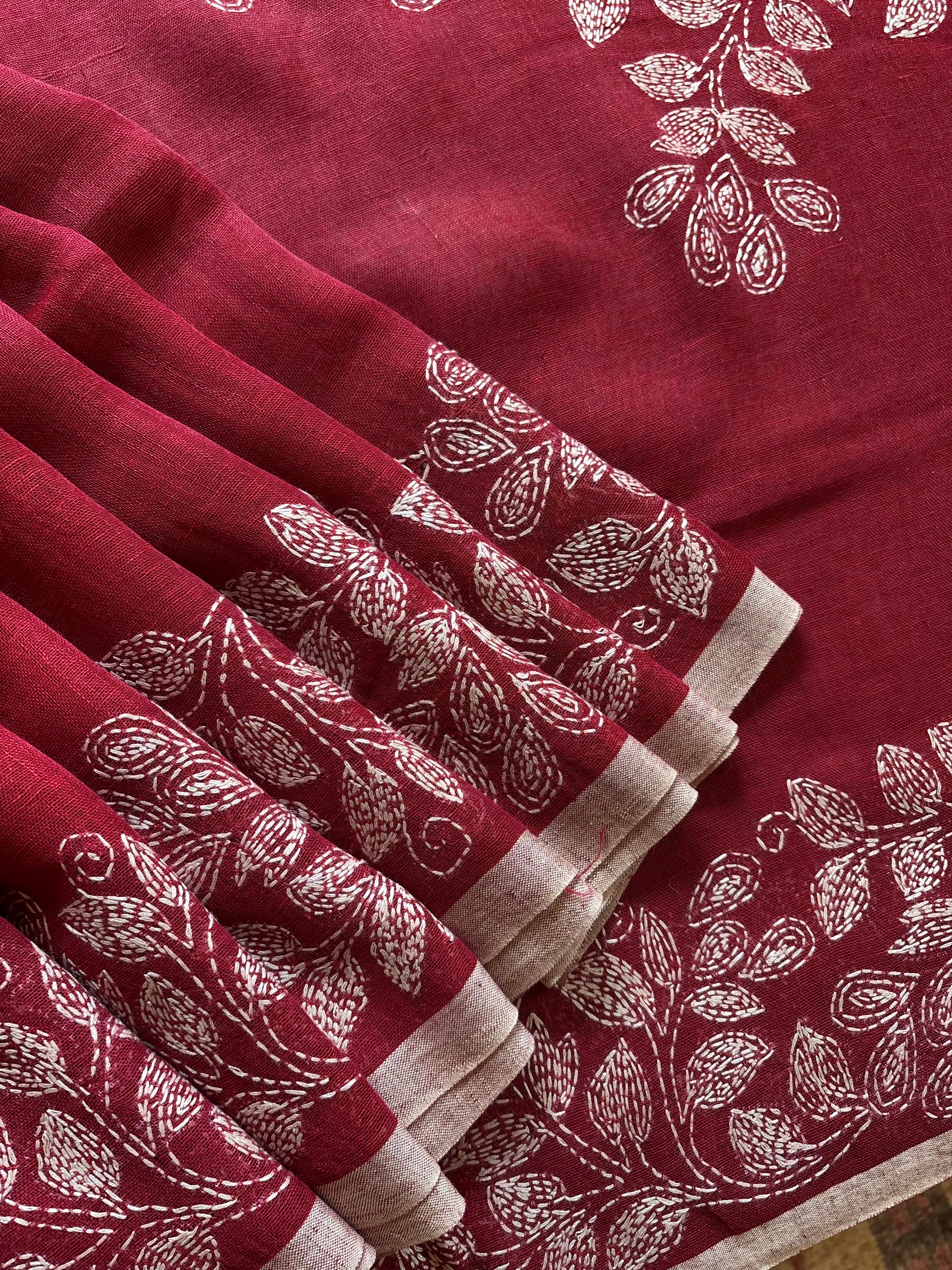 Handwoven Linen Kantha Saree