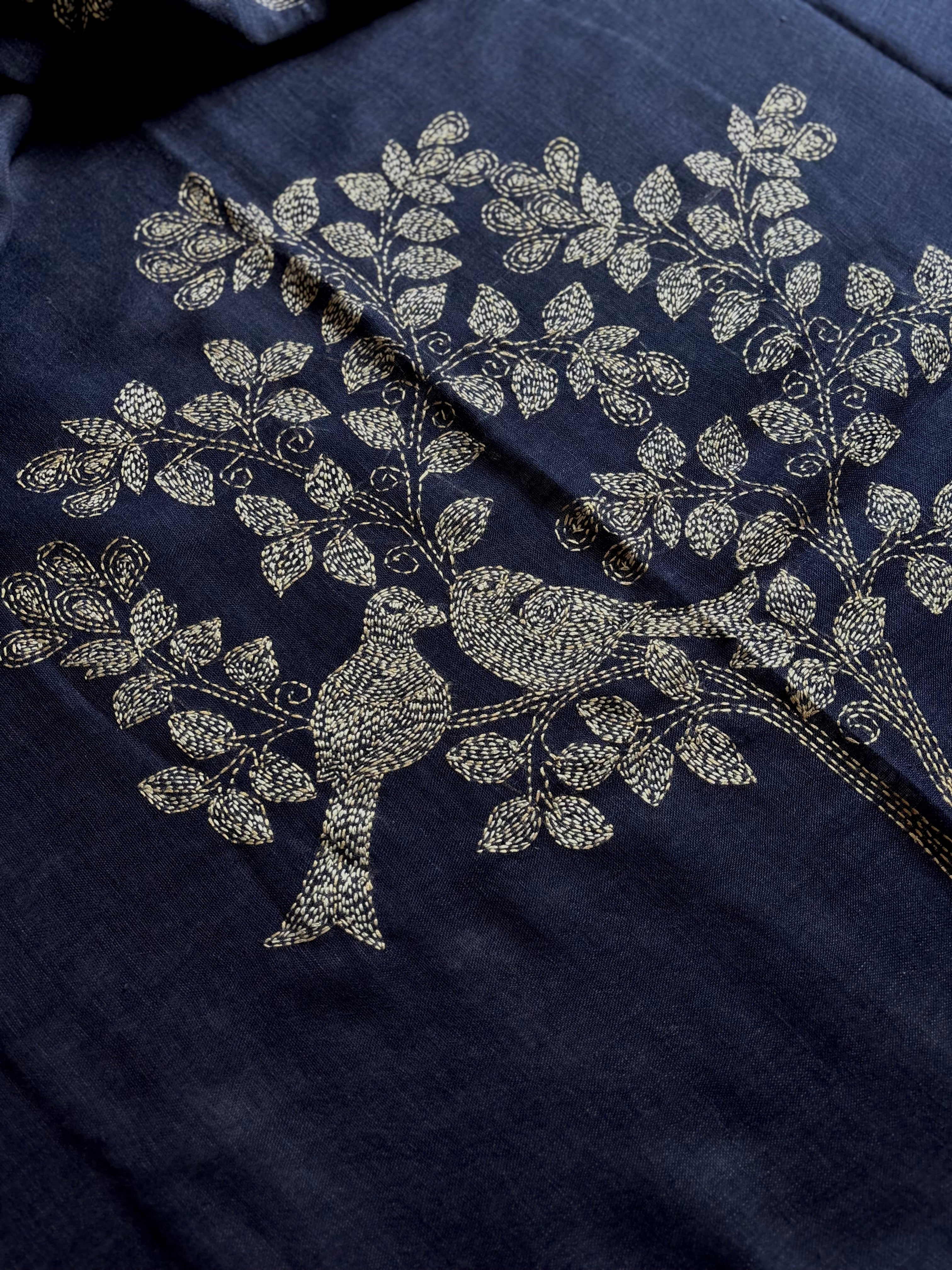 Handwoven Navy Blue Linen Kantha Saree