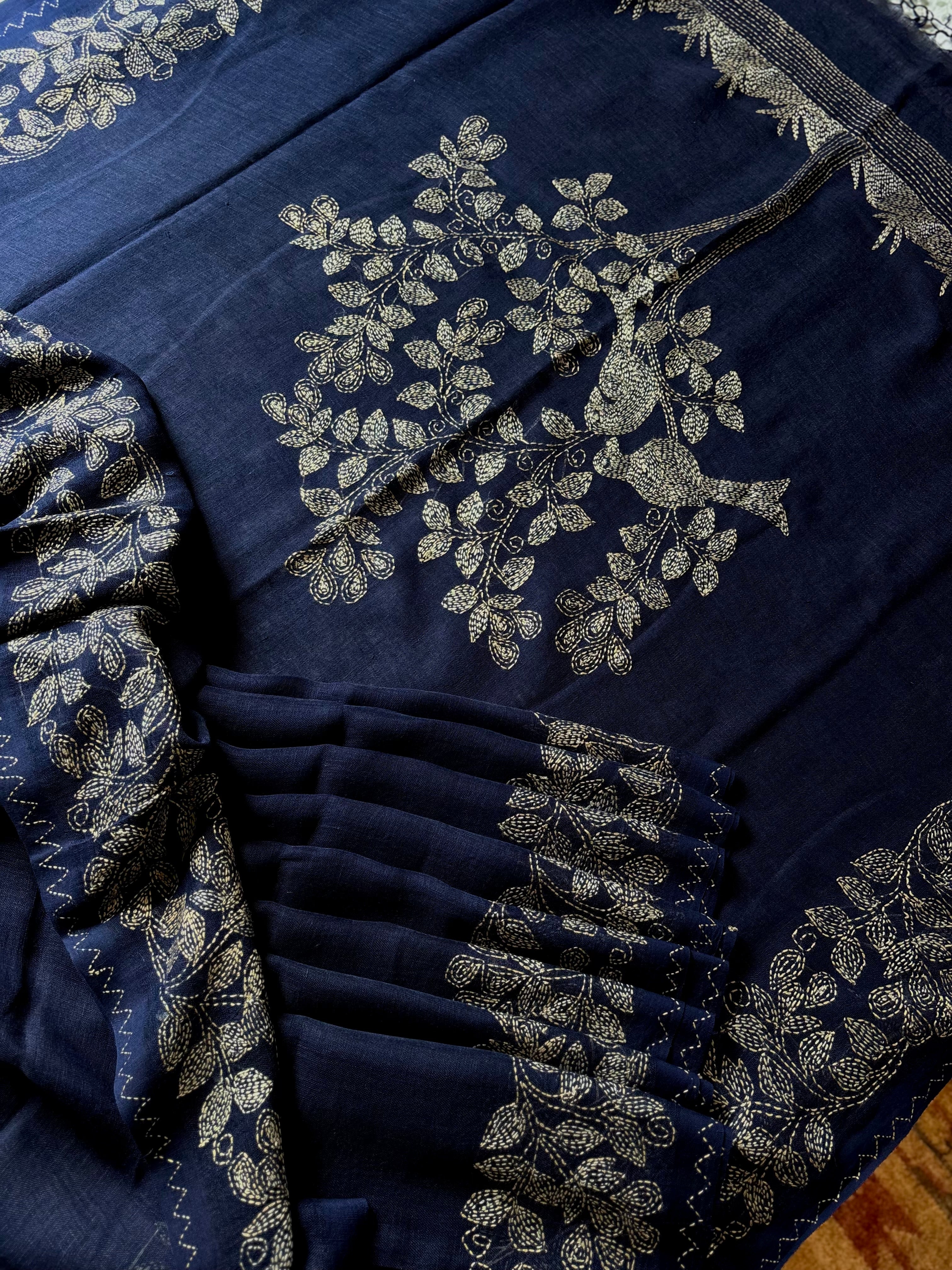 Handwoven Navy Blue Linen Kantha Saree