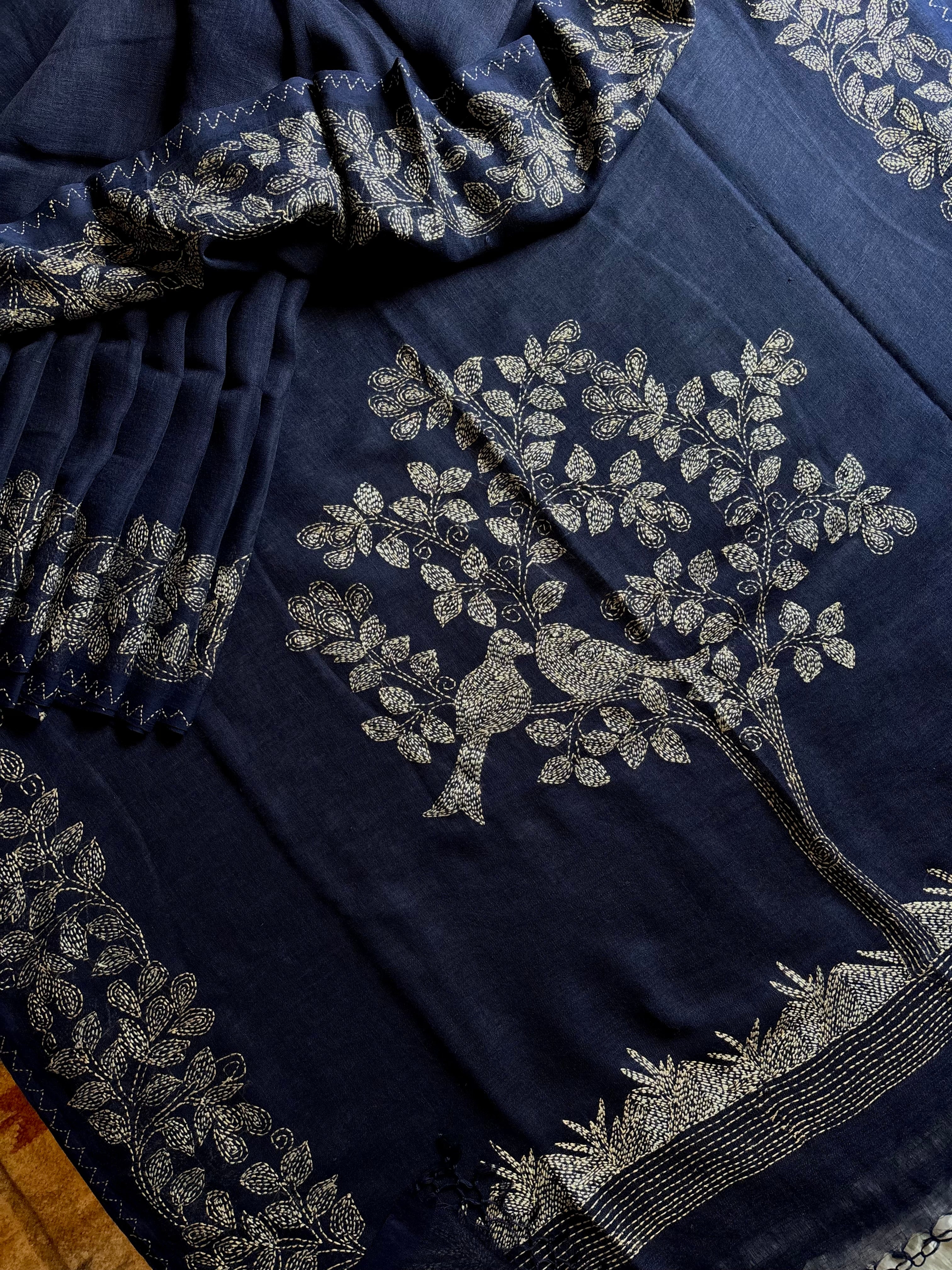Handwoven Navy Blue Linen Kantha Saree