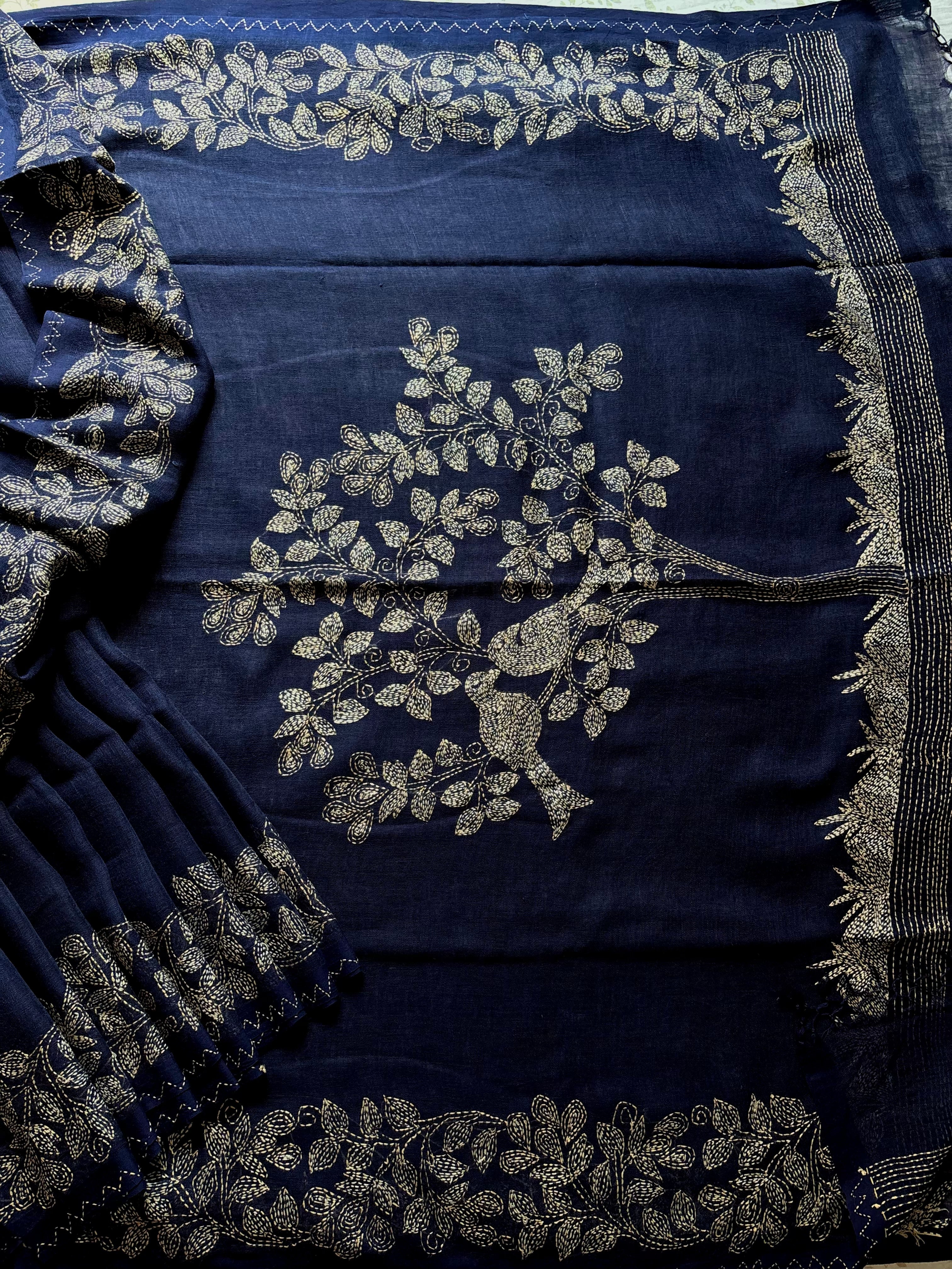 Handwoven Navy Blue Linen Kantha Saree