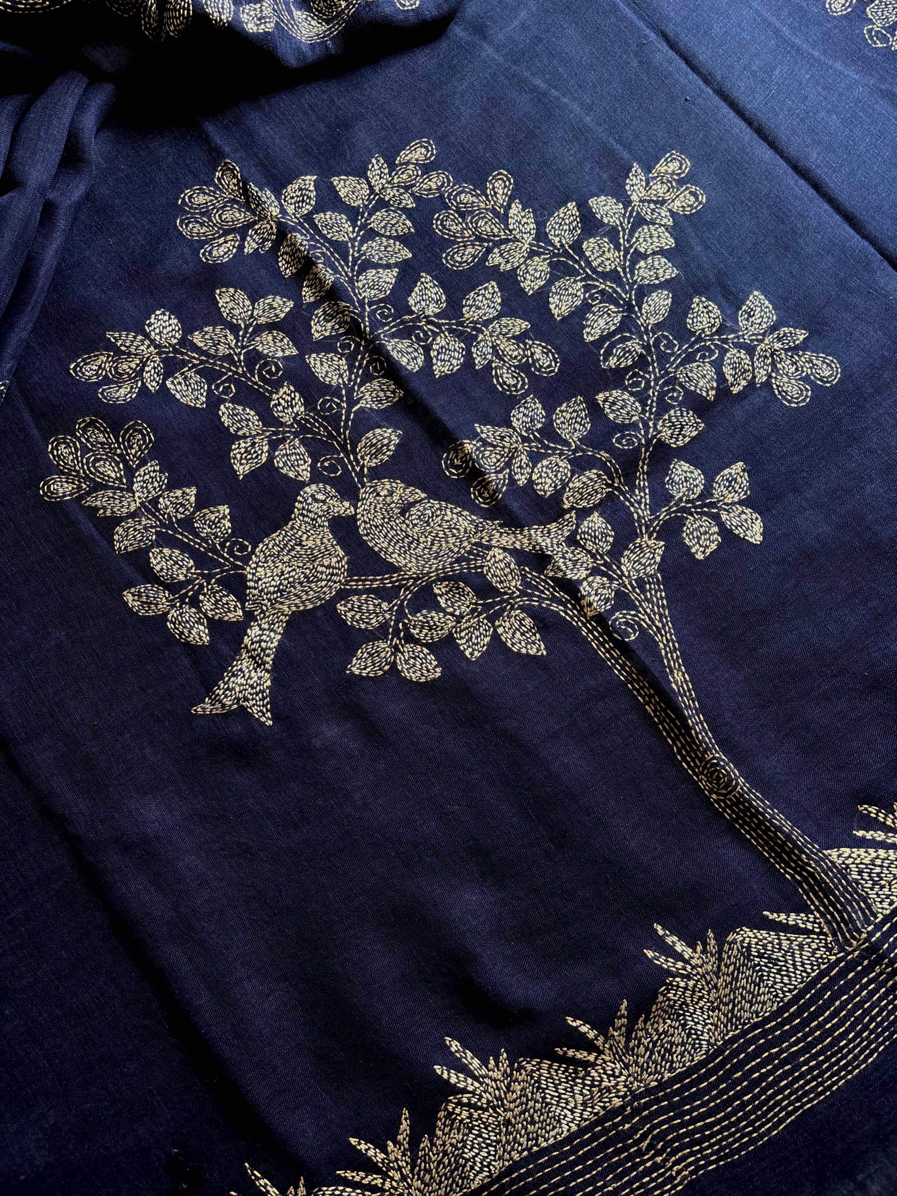 Handwoven Navy Blue Linen Kantha Saree