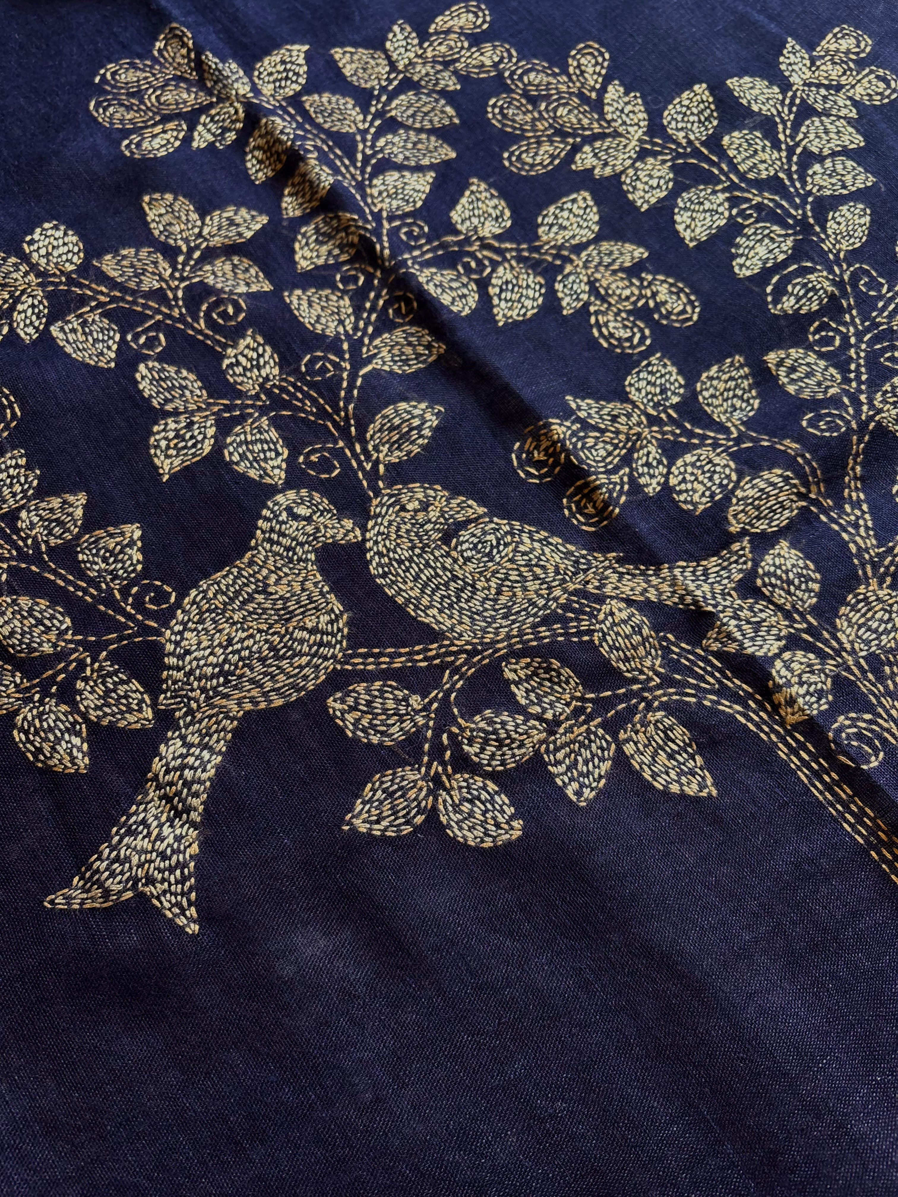 Handwoven Navy Blue Linen Kantha Saree
