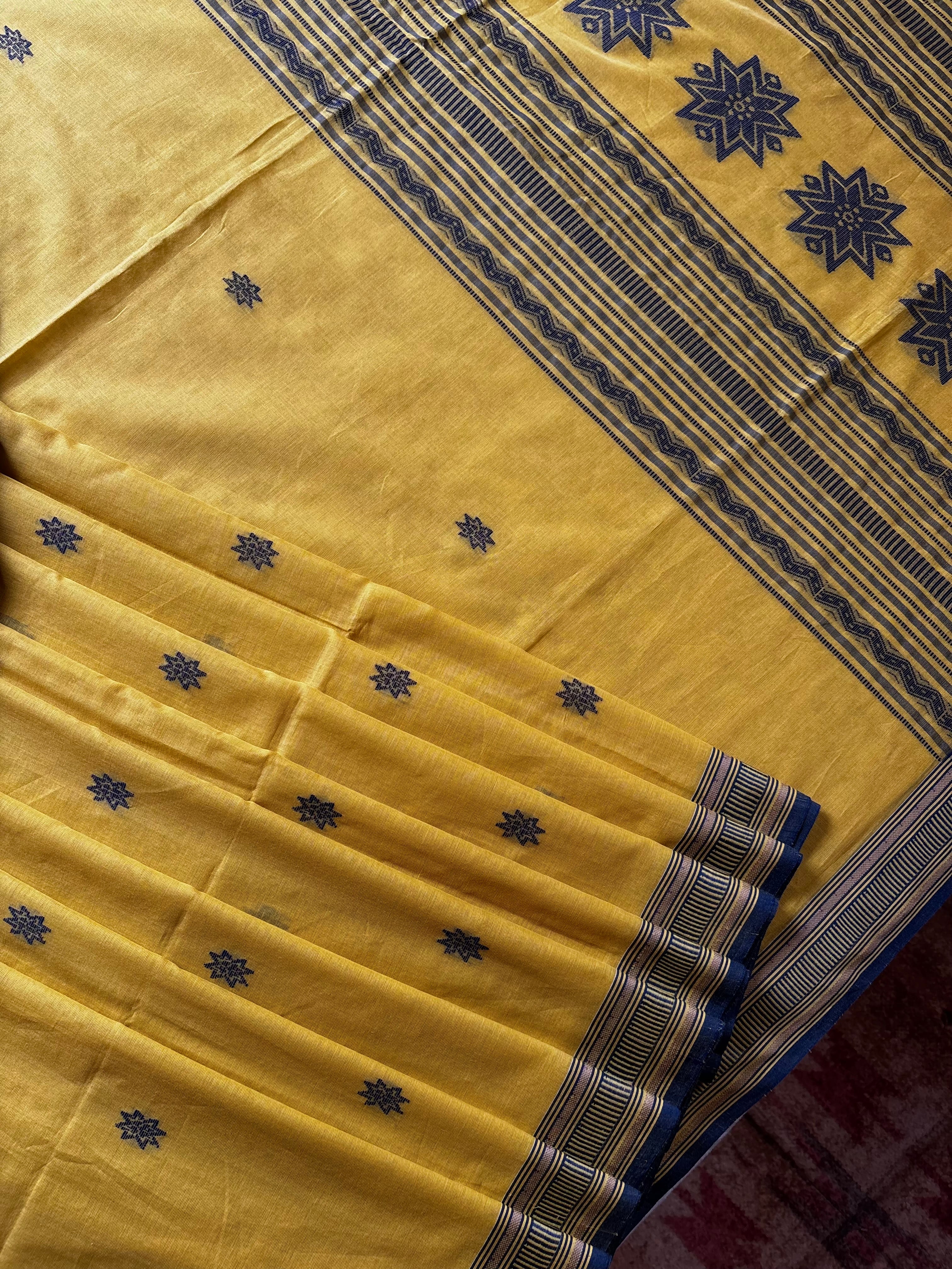 Handwoven Matte Yellow Colour Cotton Phulia Saree