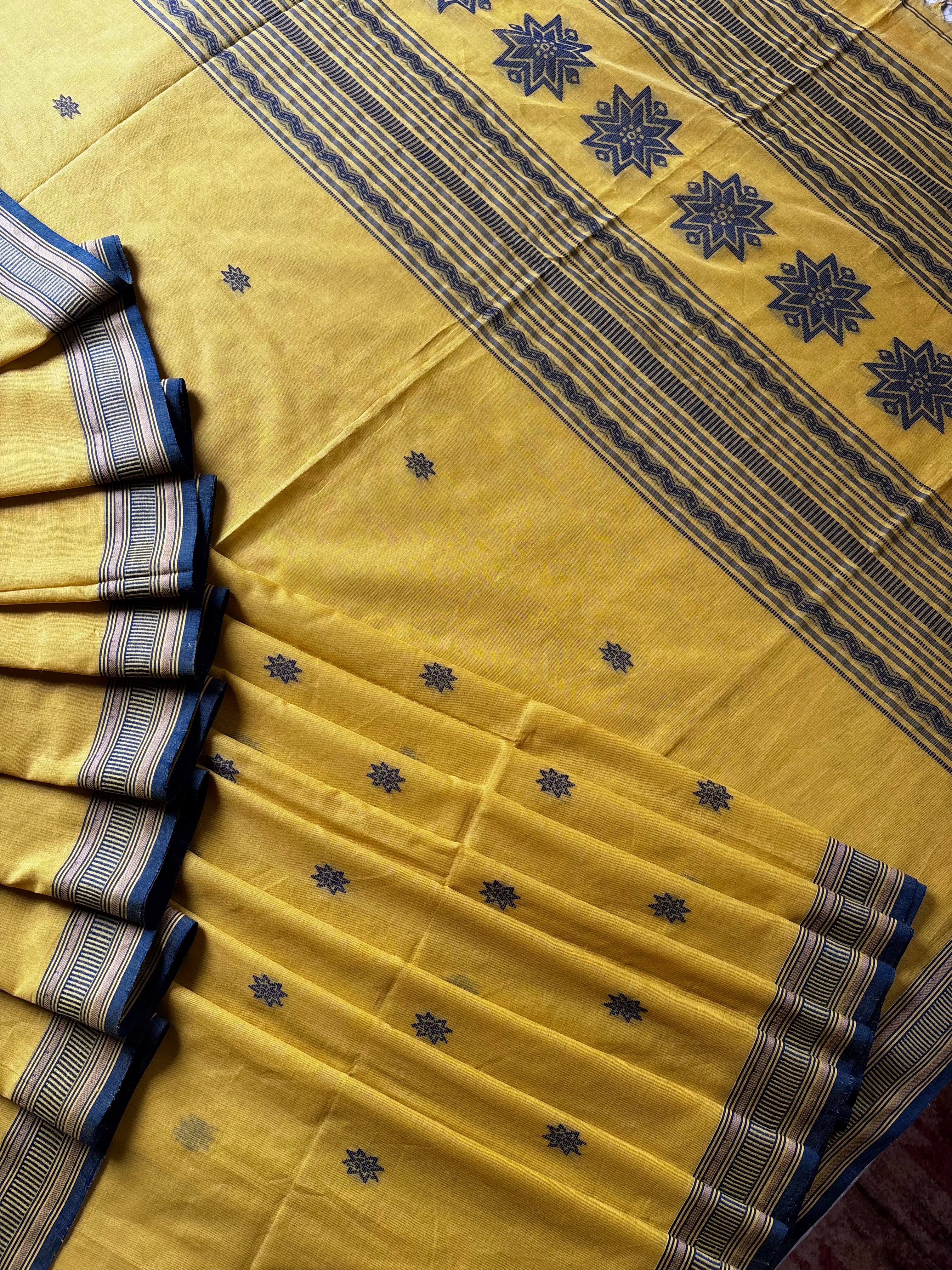 Handwoven Matte Yellow Colour Cotton Phulia Saree