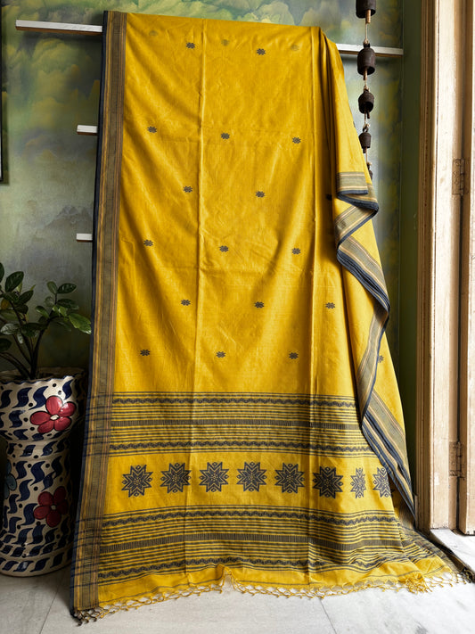 Handwoven Matte Yellow Colour Cotton Phulia Saree