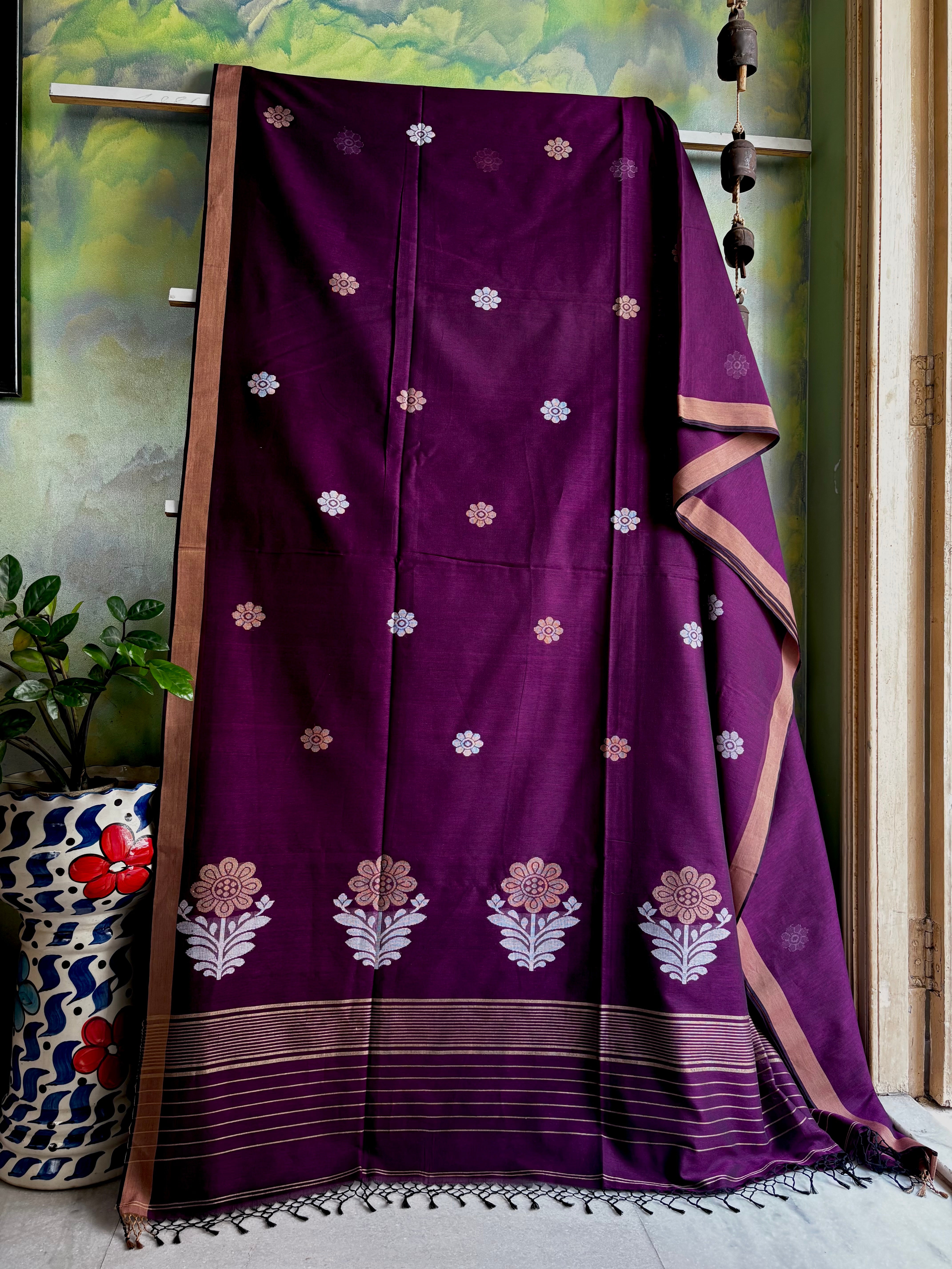 Handwoven Dark Purple Colour Cotton Jamdani Saree