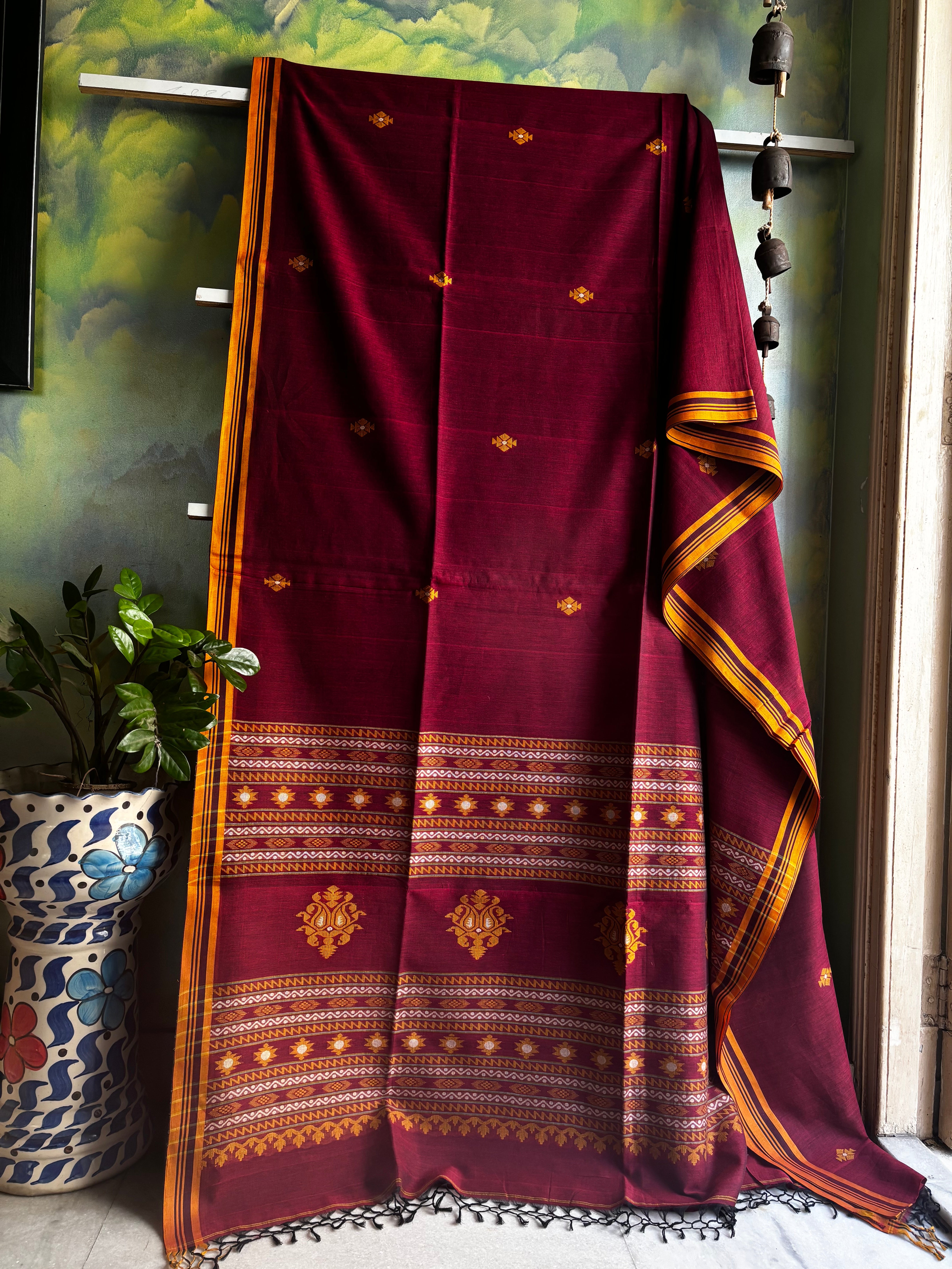 Handwoven Maroon Colour Cotton Jamdani Saree