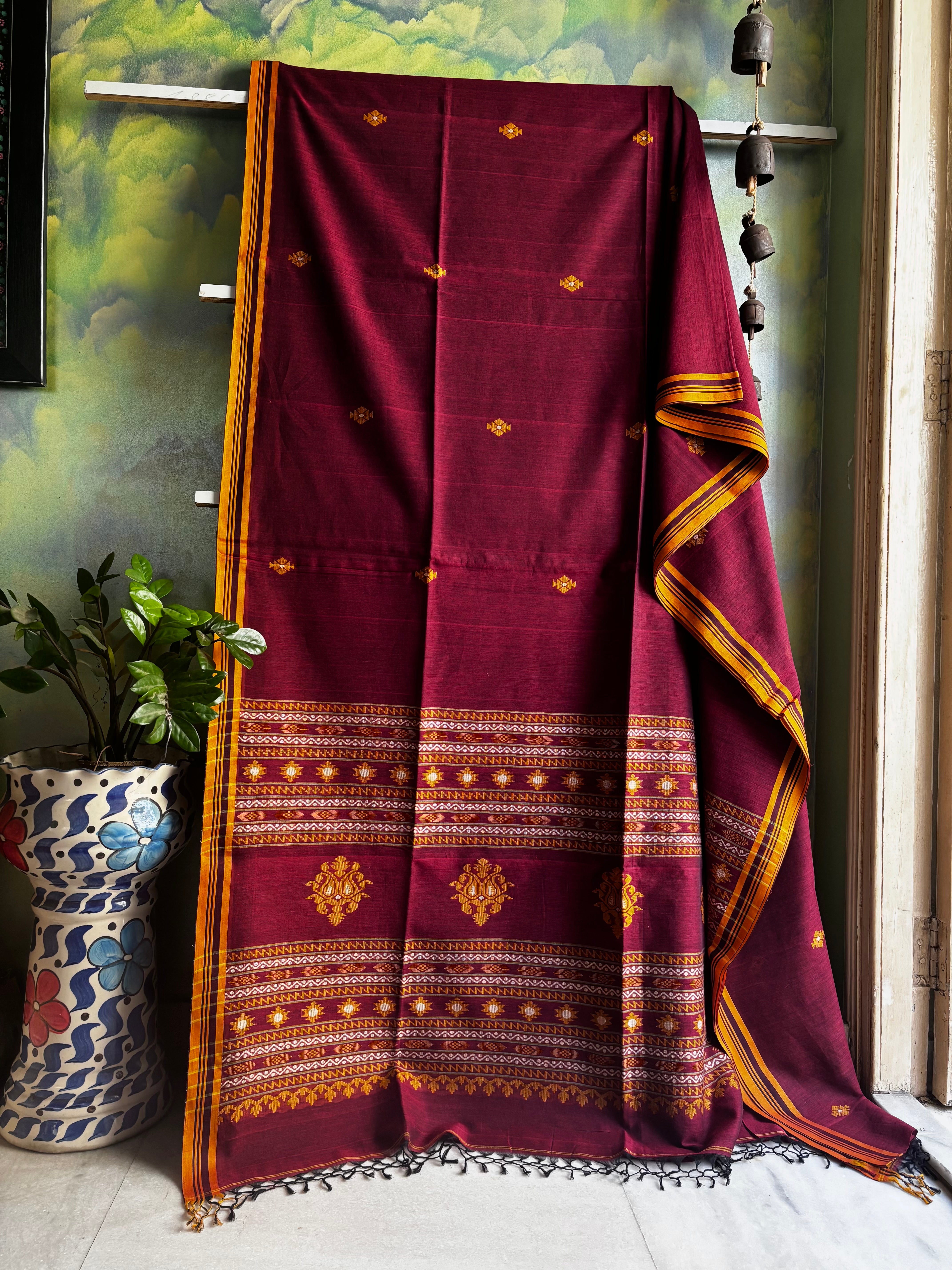 Handwoven Maroon Colour Cotton Jamdani Saree