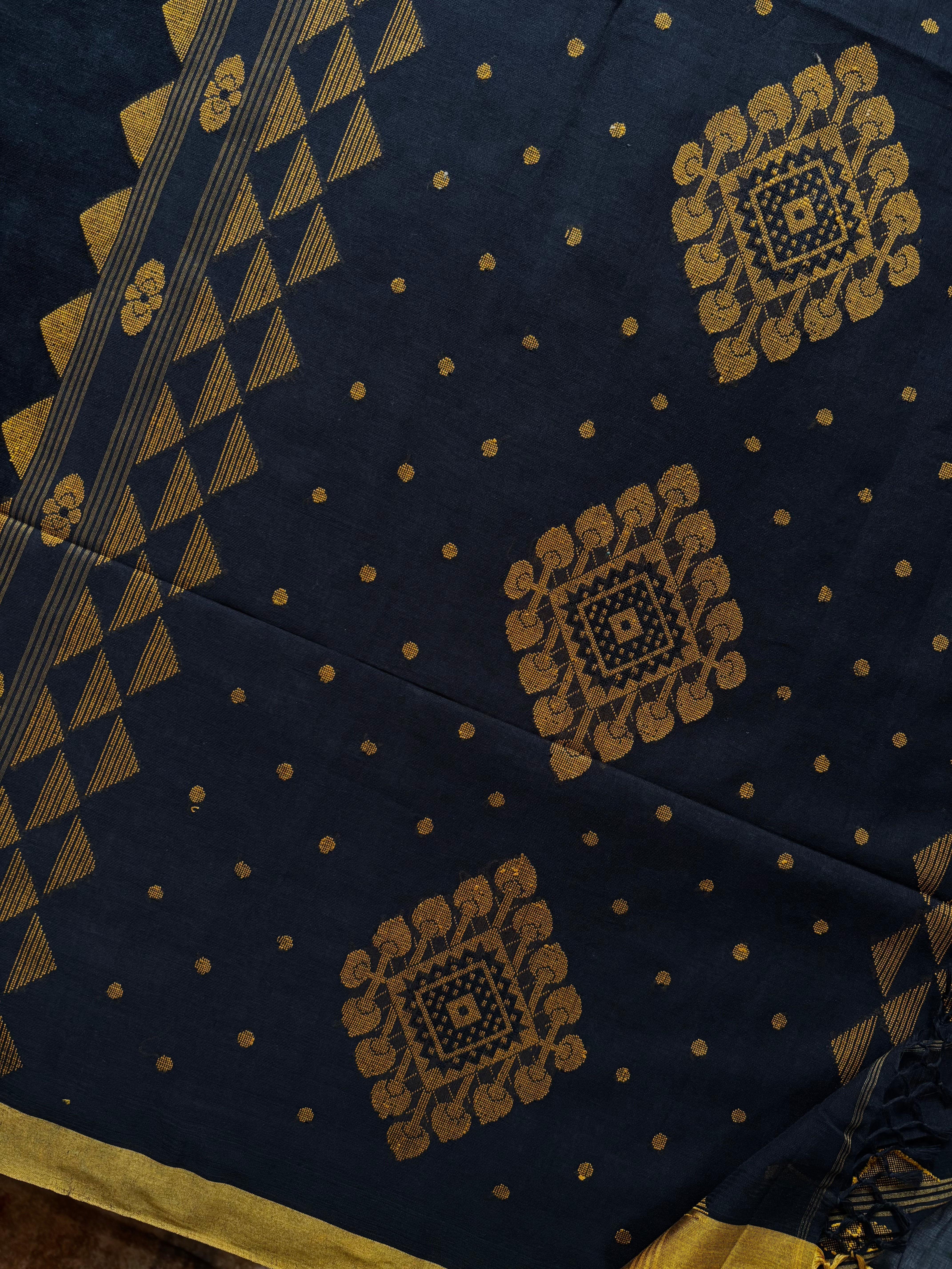 Handwoven Black Mustard Cotton Jamdani Saree