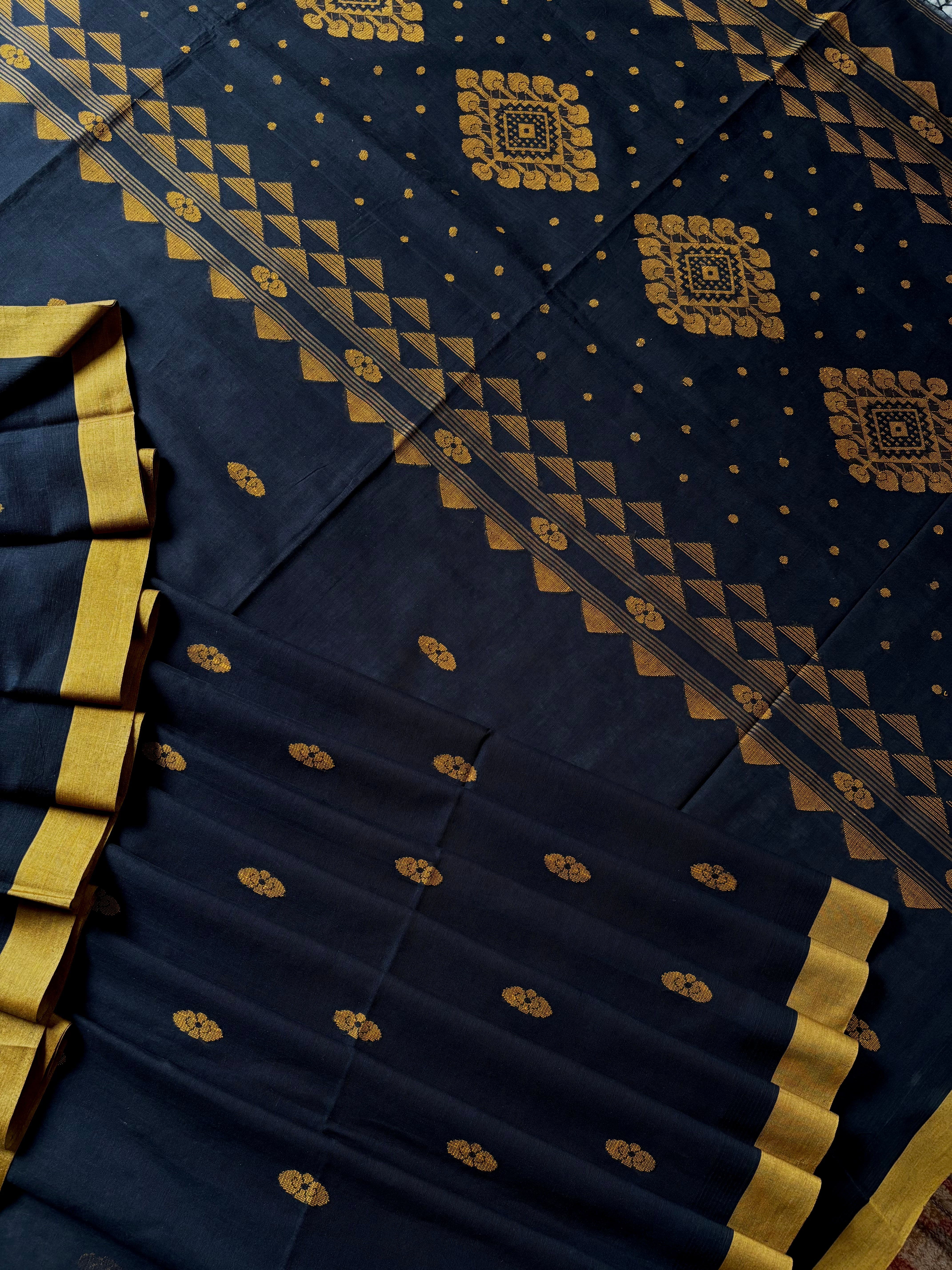 Handwoven Black Mustard Cotton Jamdani Saree