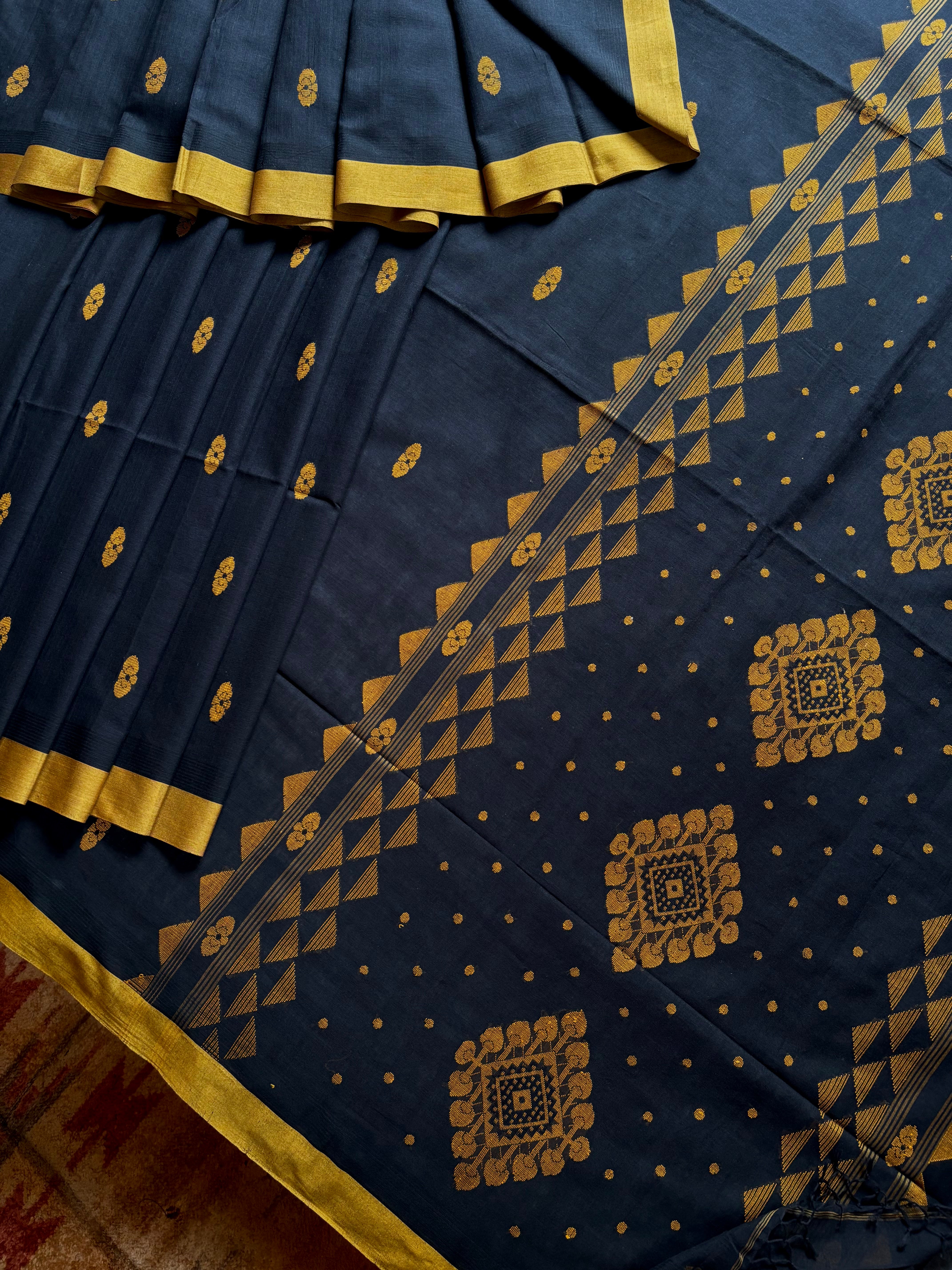 Handwoven Black Mustard Cotton Jamdani Saree