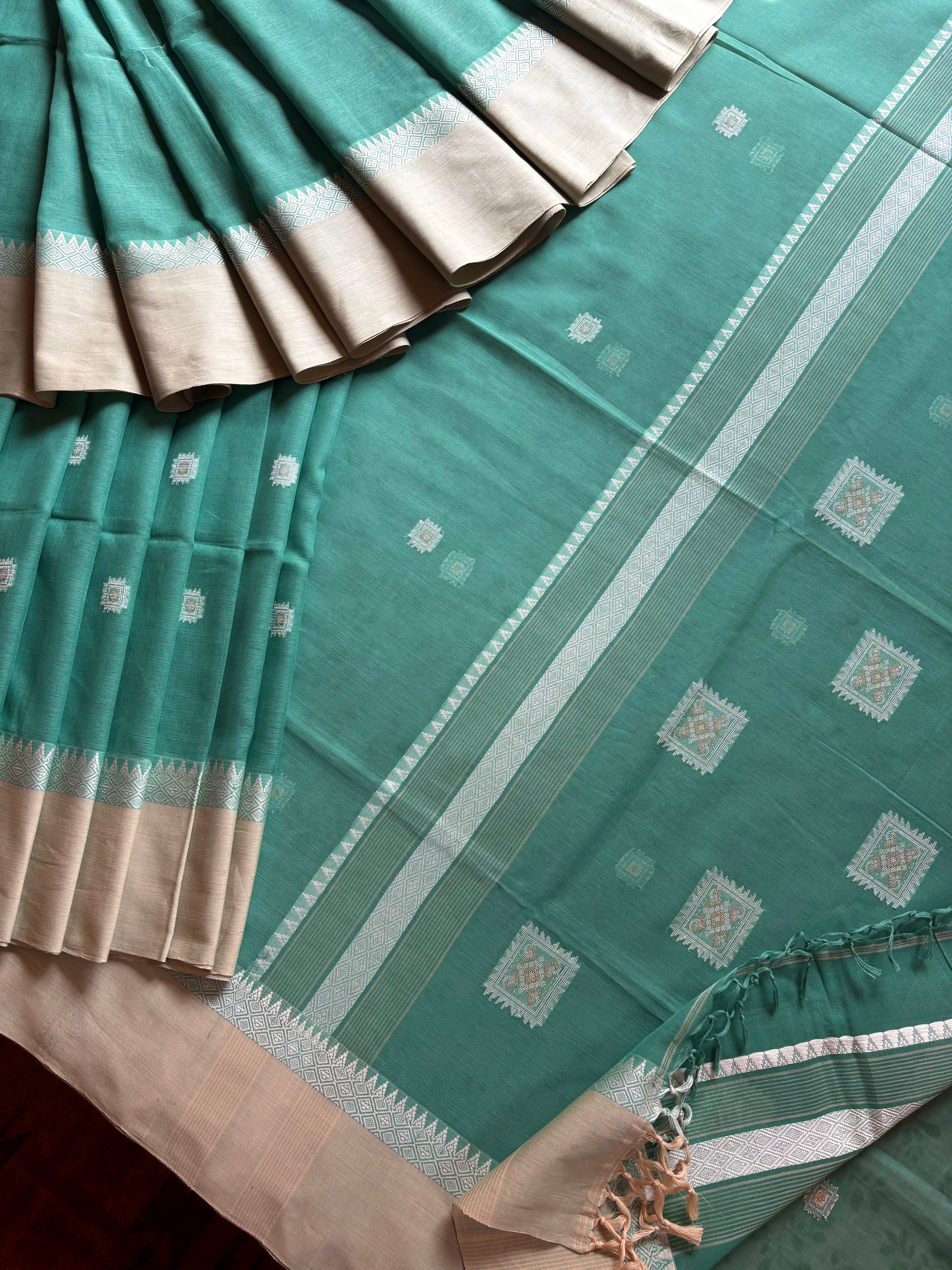 Handwoven Dusty Sea Green Colour Phulia Cotton Saree