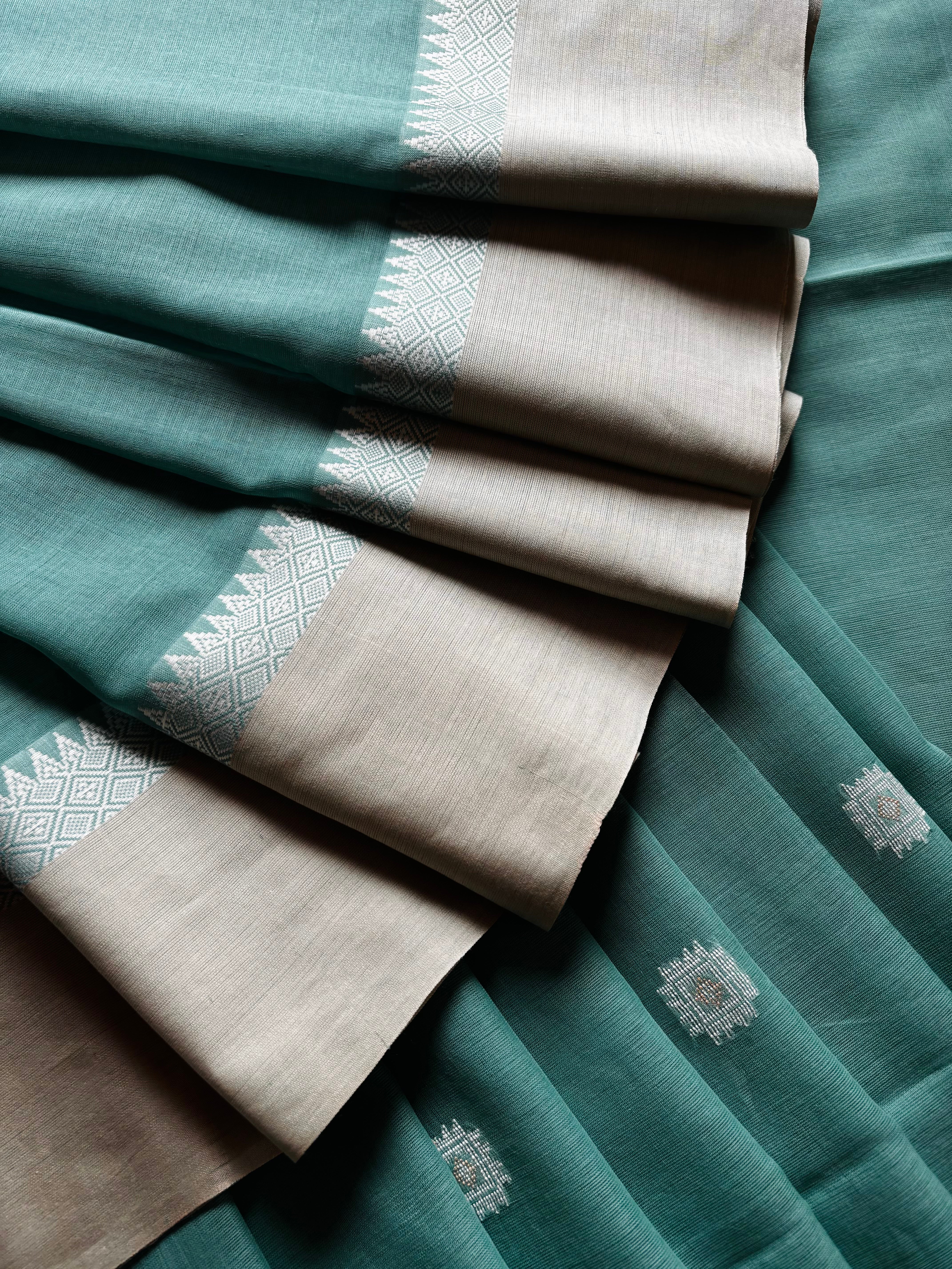 Handwoven Dusty Sea Green Colour Phulia Cotton Saree