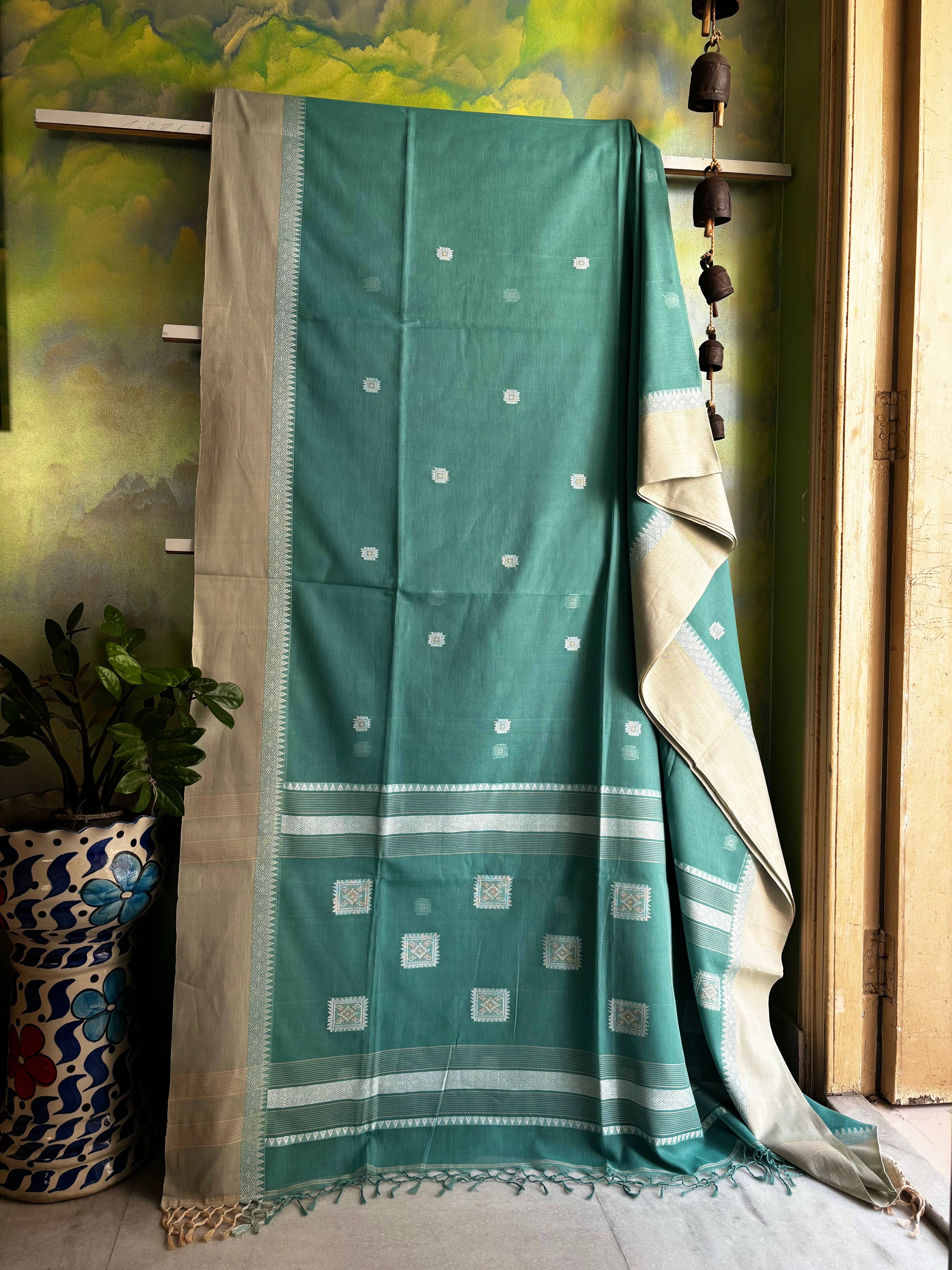 Handwoven Dusty Sea Green Colour Phulia Cotton Saree