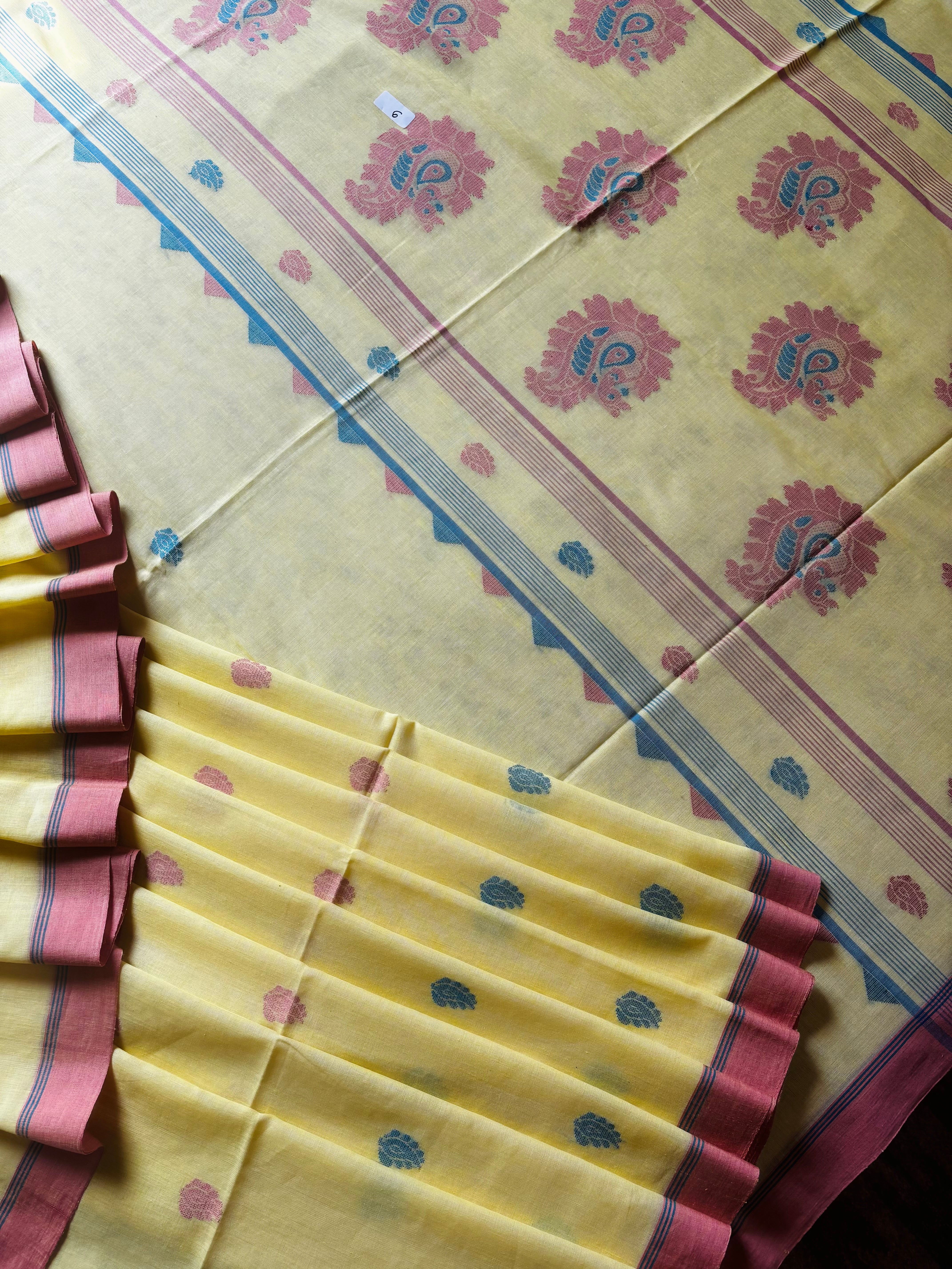 Handwoven Light Lemon Pure Cotton Jamdani Saree
