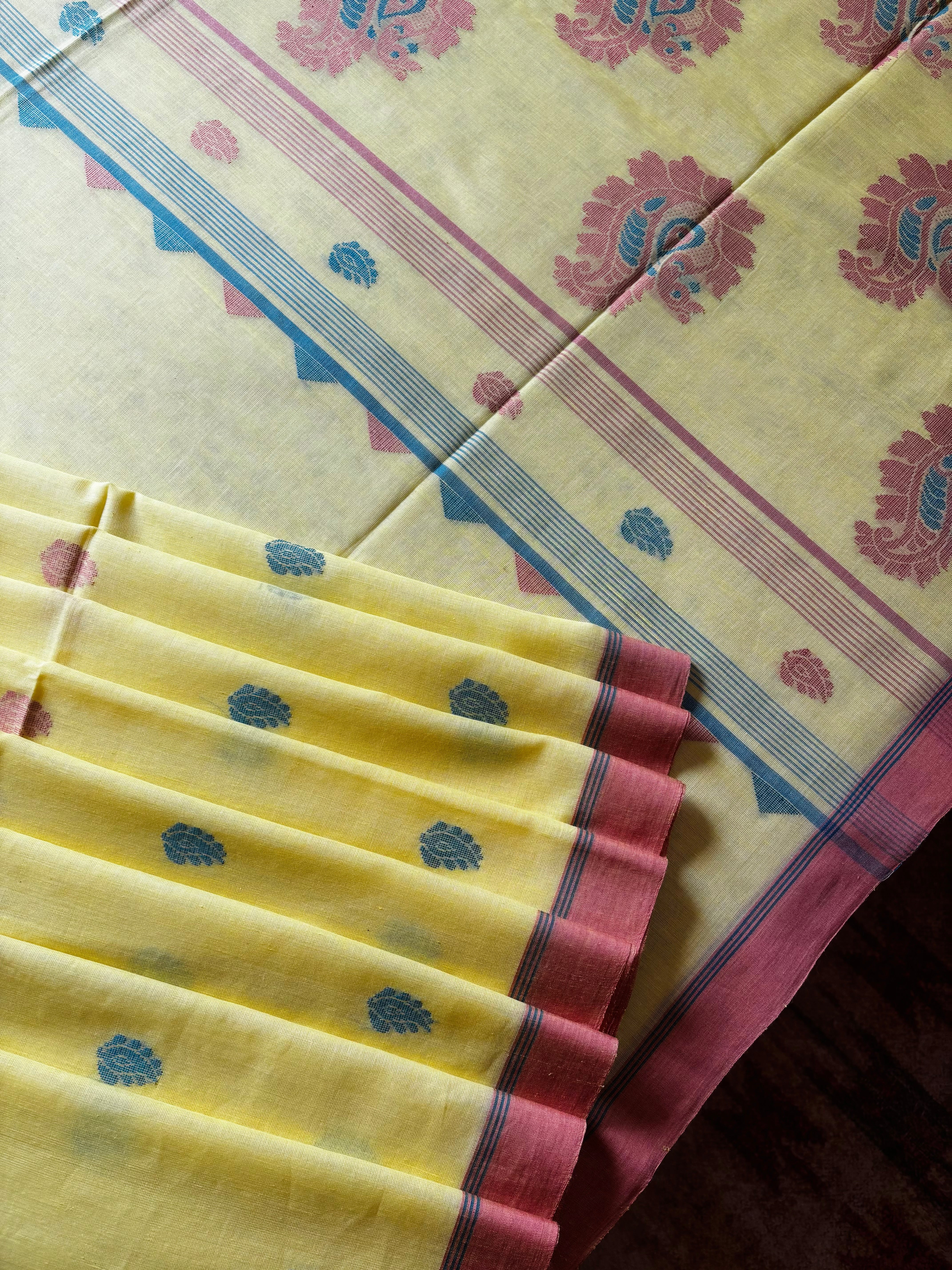 Handwoven Light Lemon Pure Cotton Jamdani Saree
