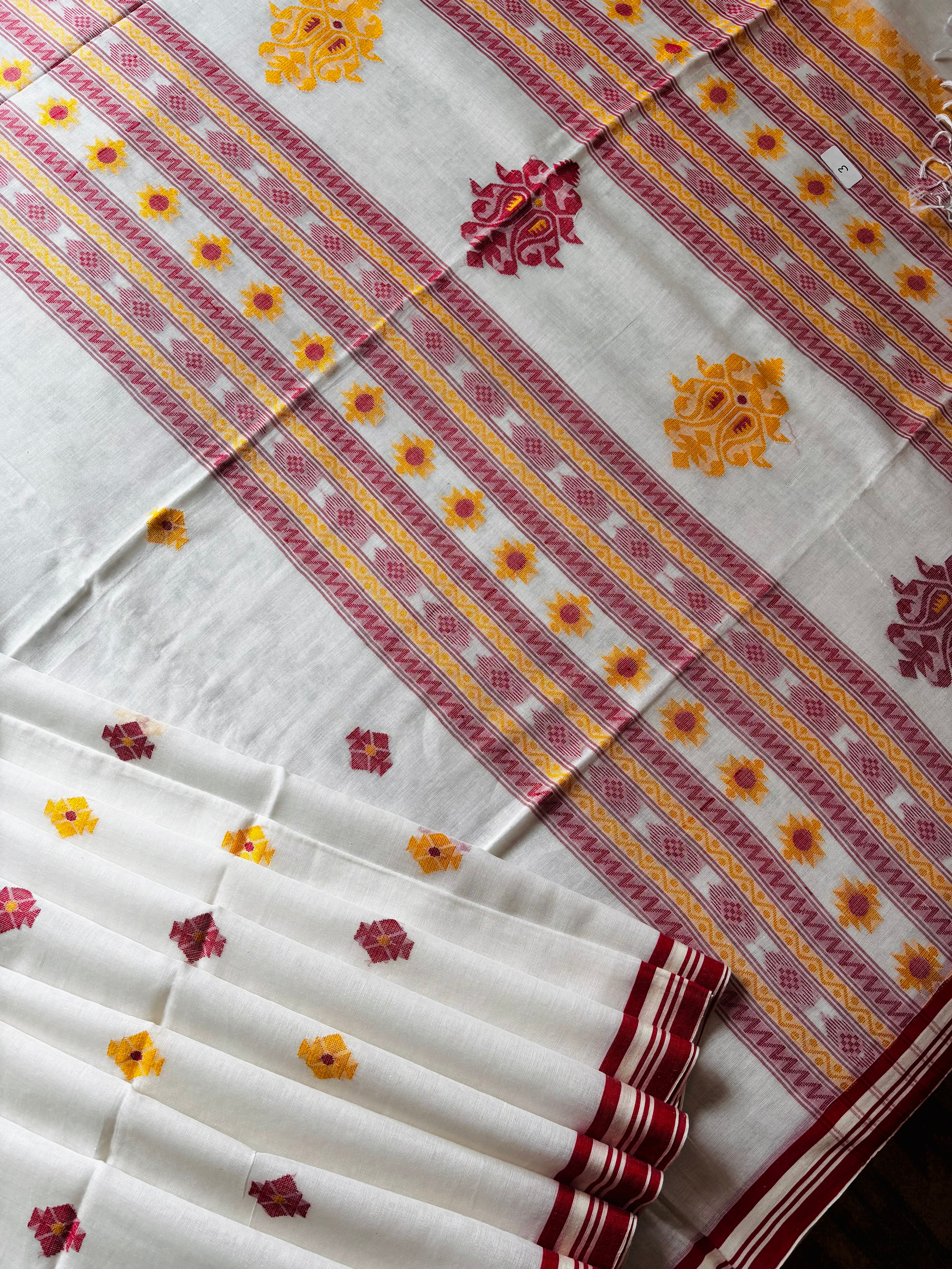 Handwoven White Red Orangish Yellow Colour Cotton Jamdani Saree