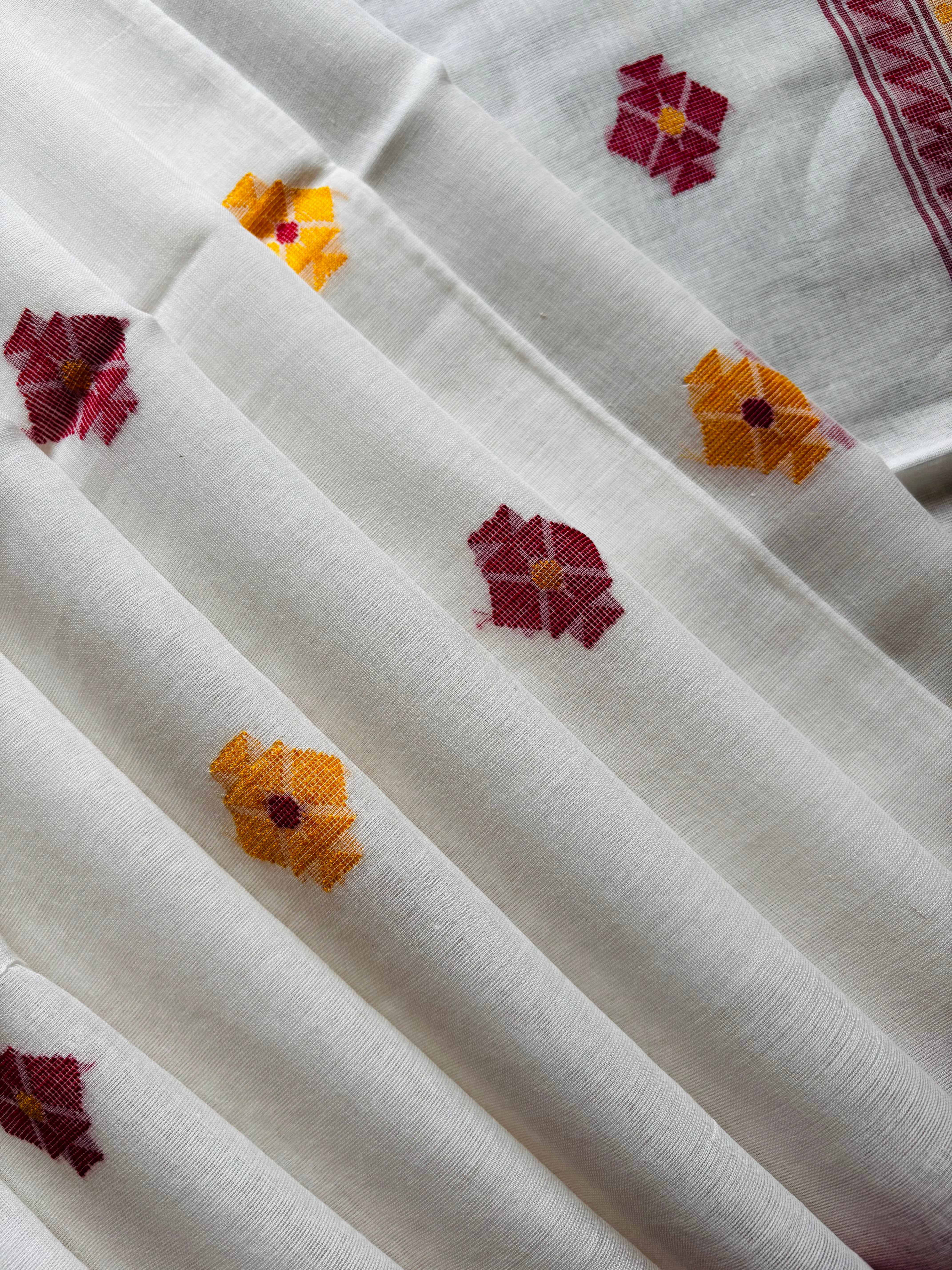 Handwoven White Red Orangish Yellow Colour Cotton Jamdani Saree