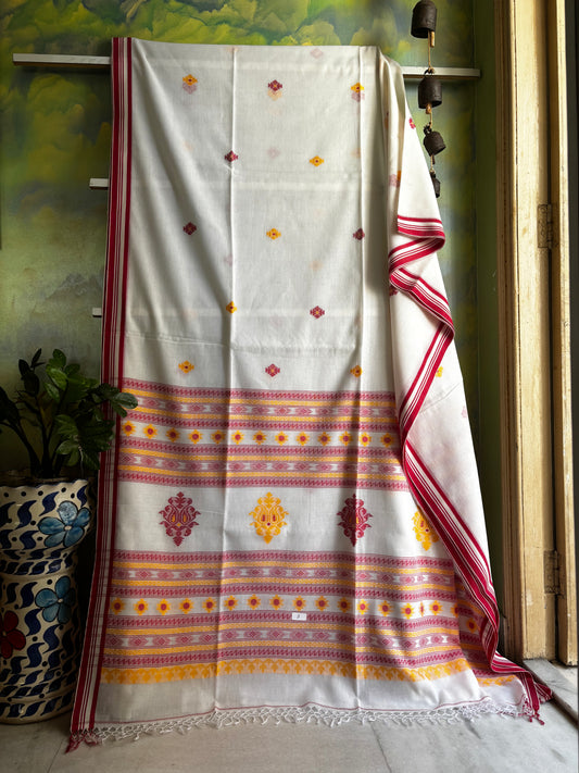 Handwoven White Red Orangish Yellow Colour Cotton Jamdani Saree