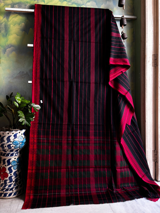 Handwoven Black Red Pure Cotton Saree