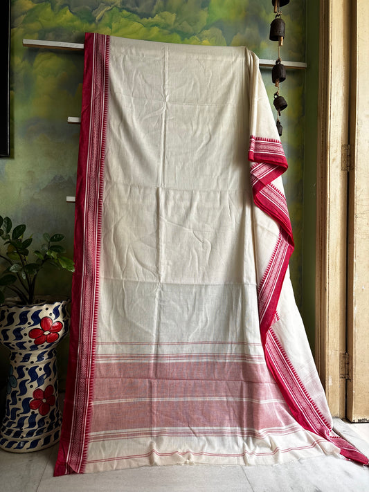 Handwoven Offwhite Red Cotton Dhonekhali Saree