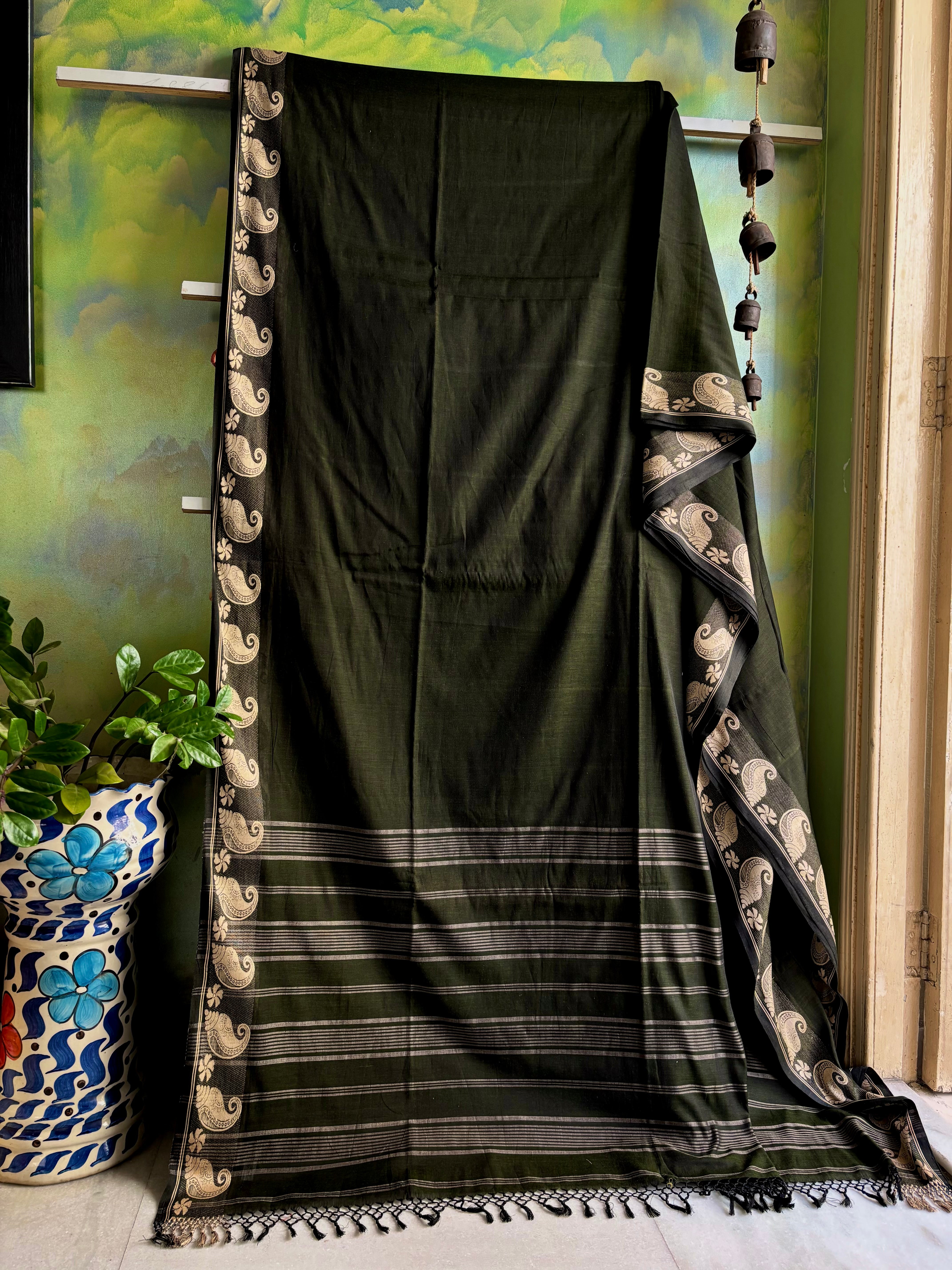 Handwoven Dark Bottle Green Phulia Cotton Saree
