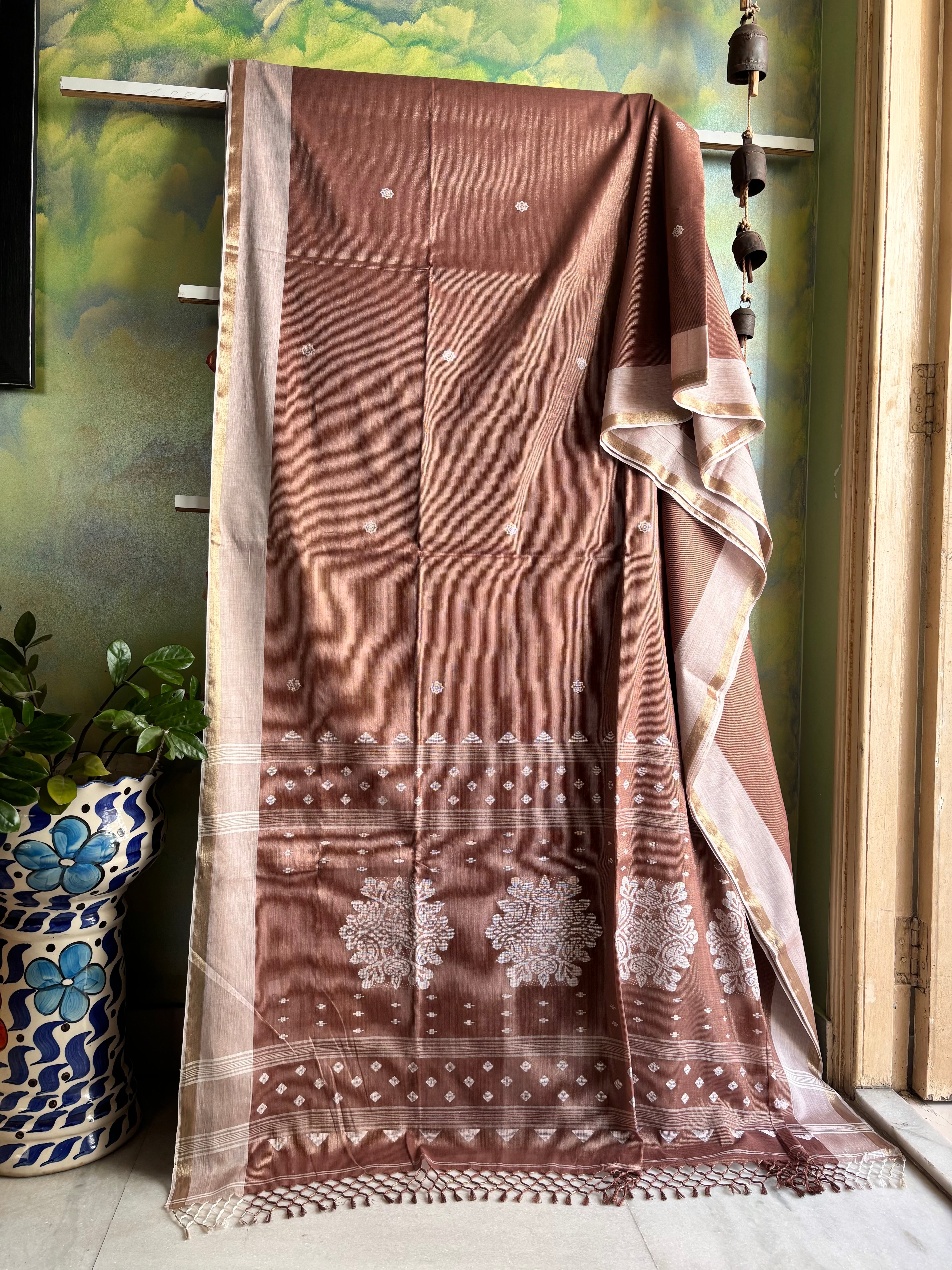 Handwoven  Pinkish Brown Tissu Jamdani Saree
