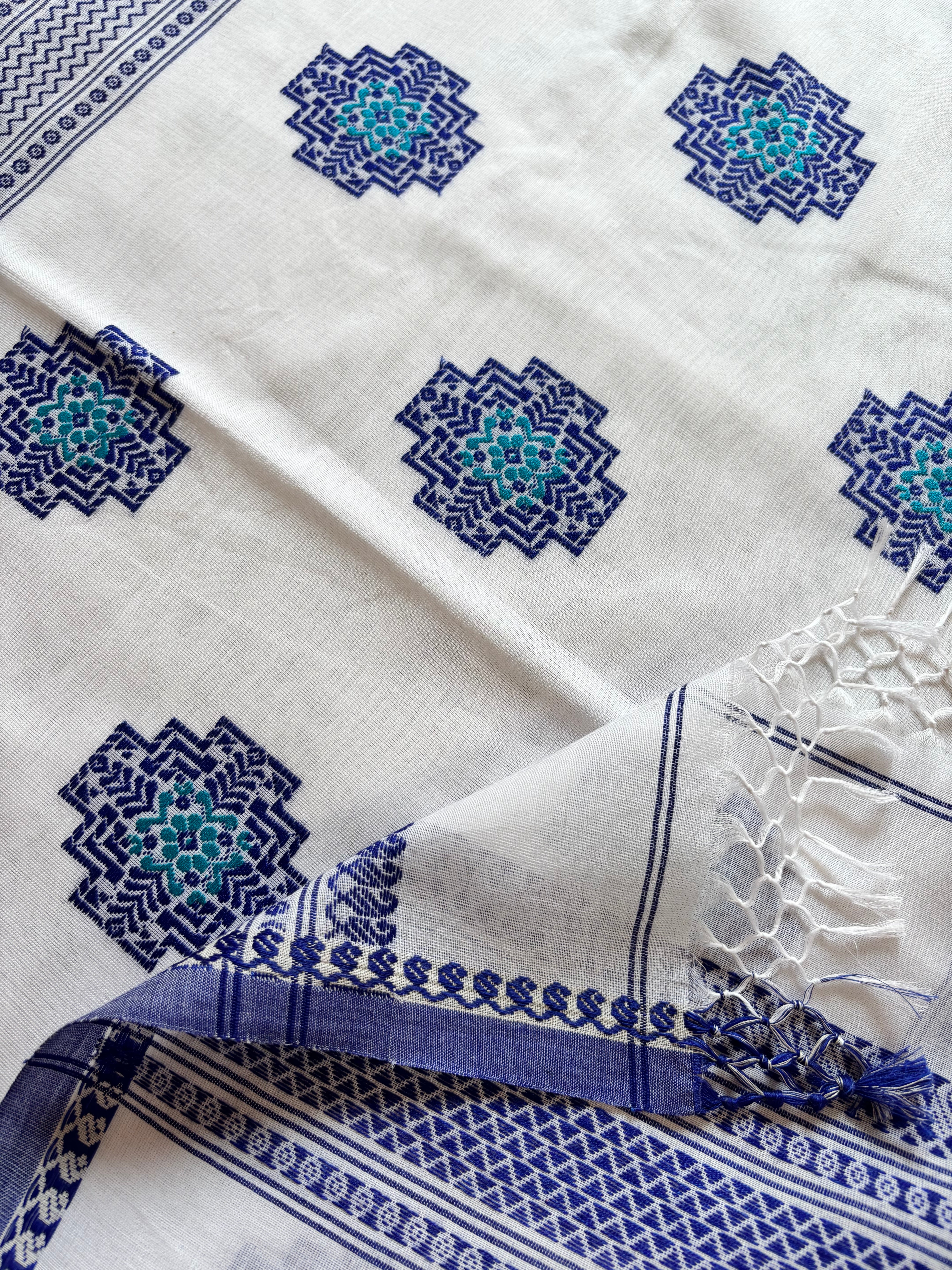 Handwoven White Blue Phulia Cotton Saree
