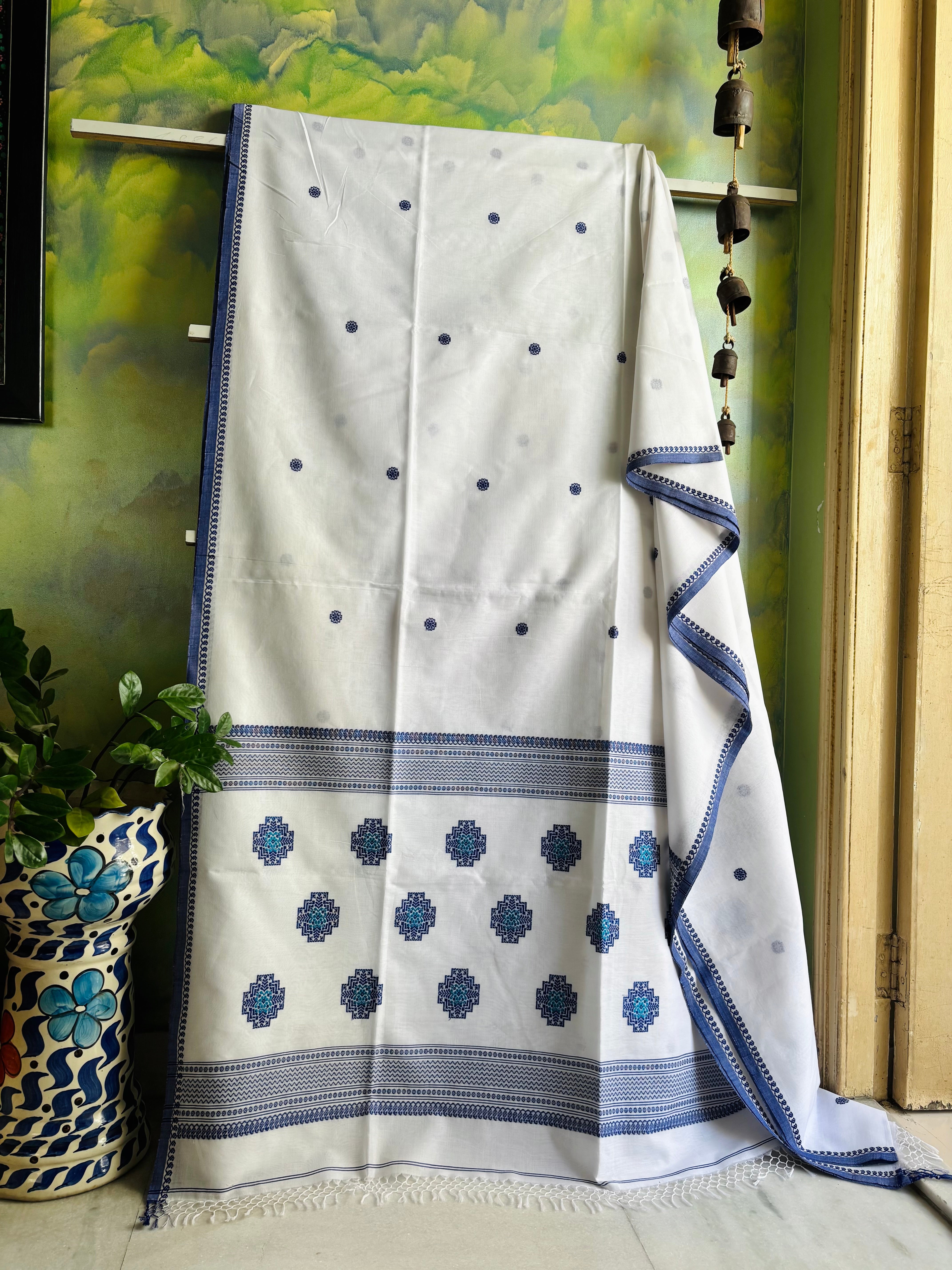 Handwoven White Blue Phulia Cotton Saree