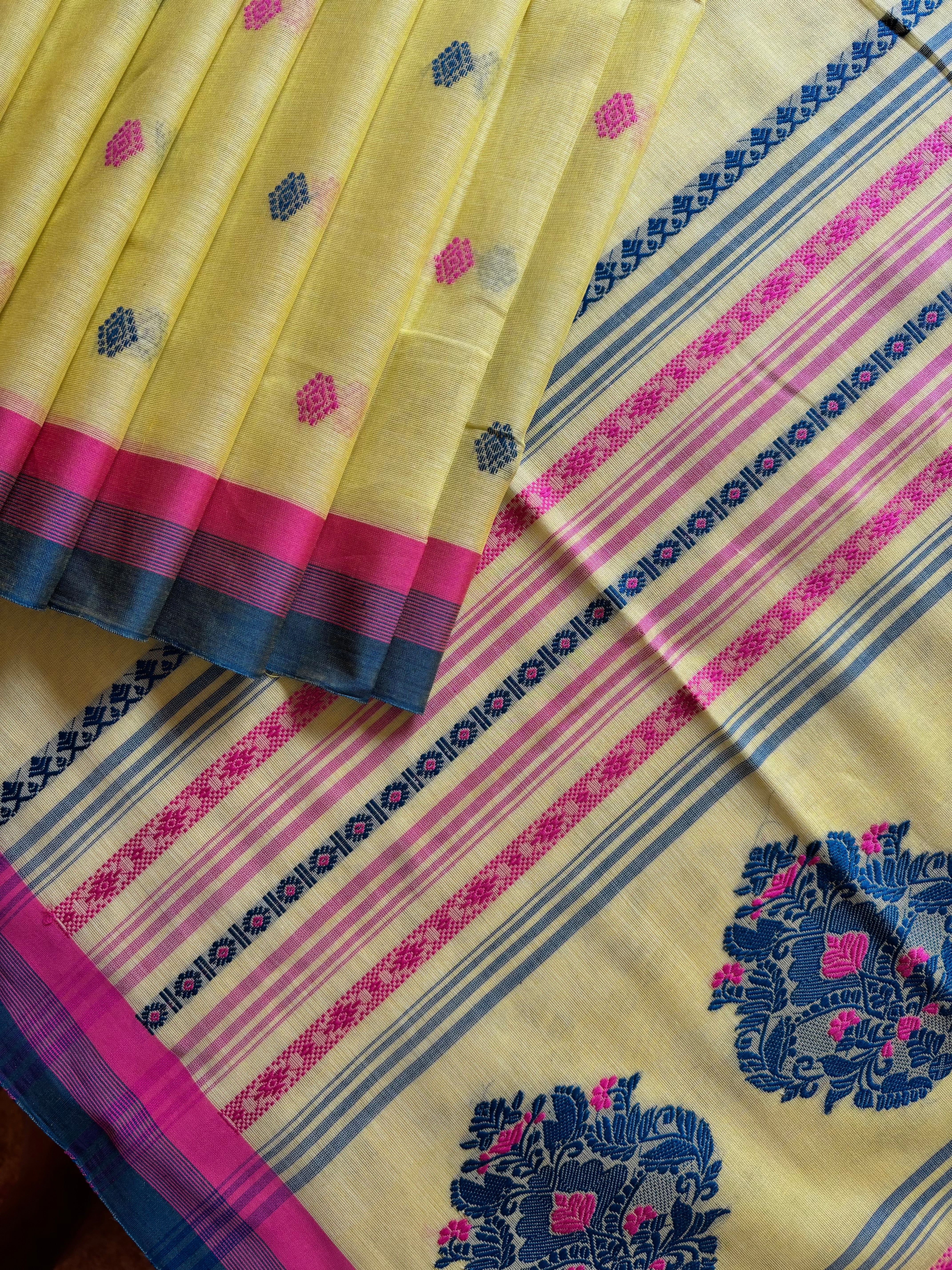 Handwoven Lemon Yellow Phulia Cotton Saree