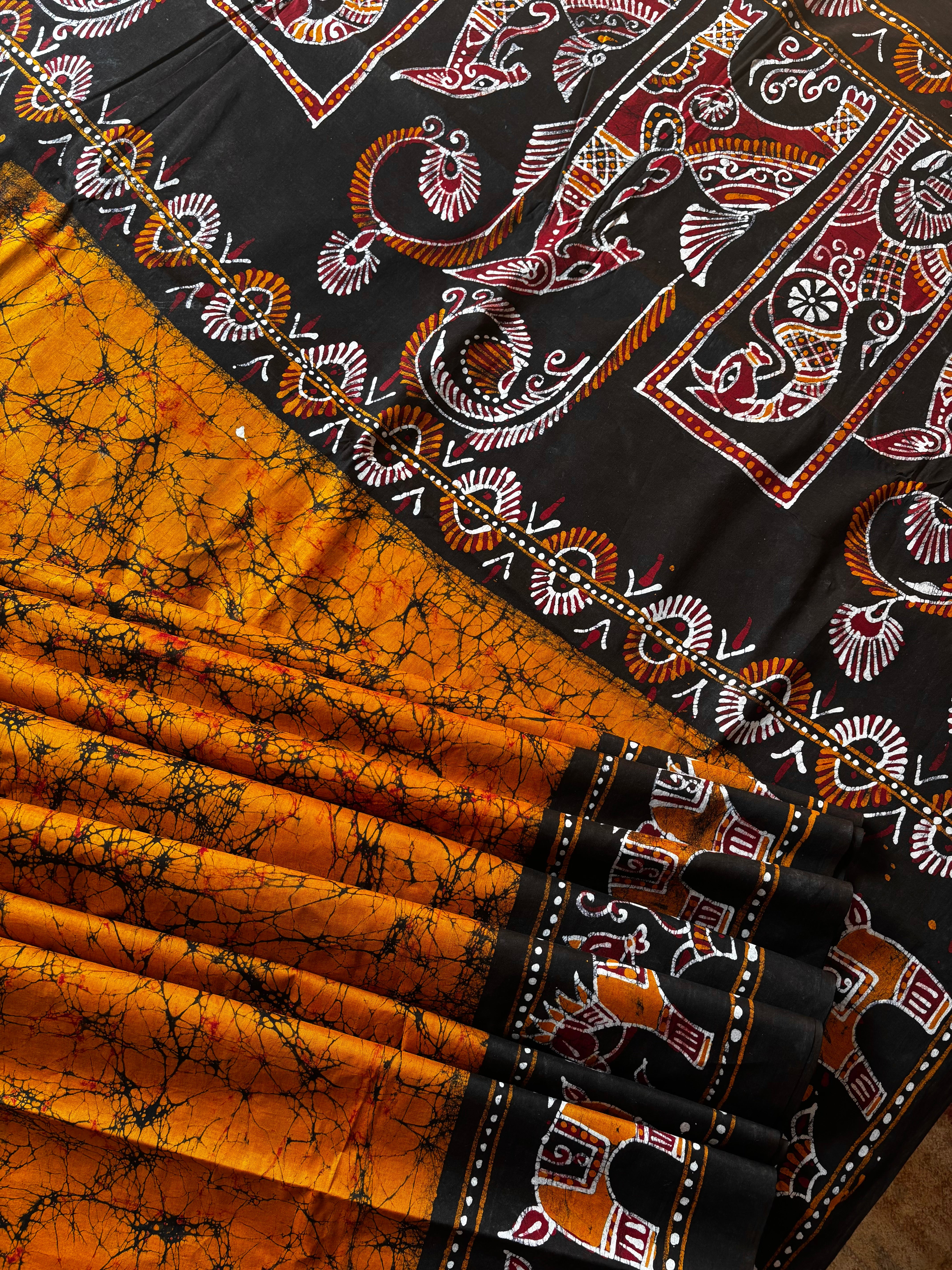 Handmade Mustard Yellow Pure Cotton Batik Saree