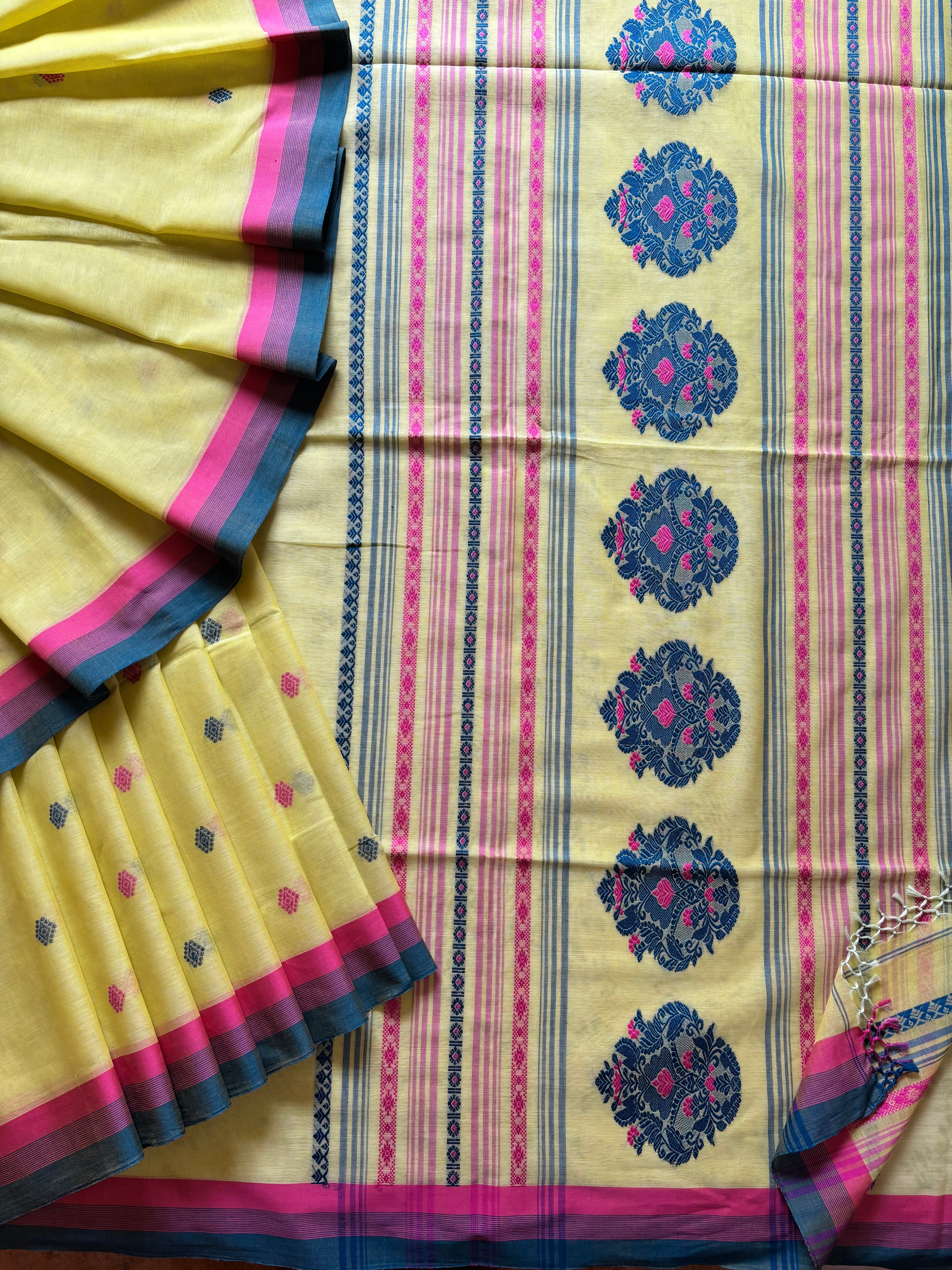 Handwoven Lemon Yellow Phulia Cotton Saree