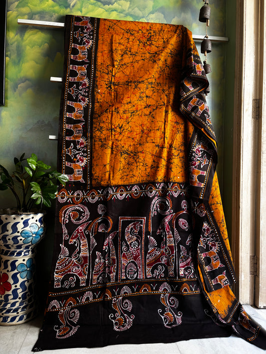 Handmade Mustard Yellow Pure Cotton Batik Saree