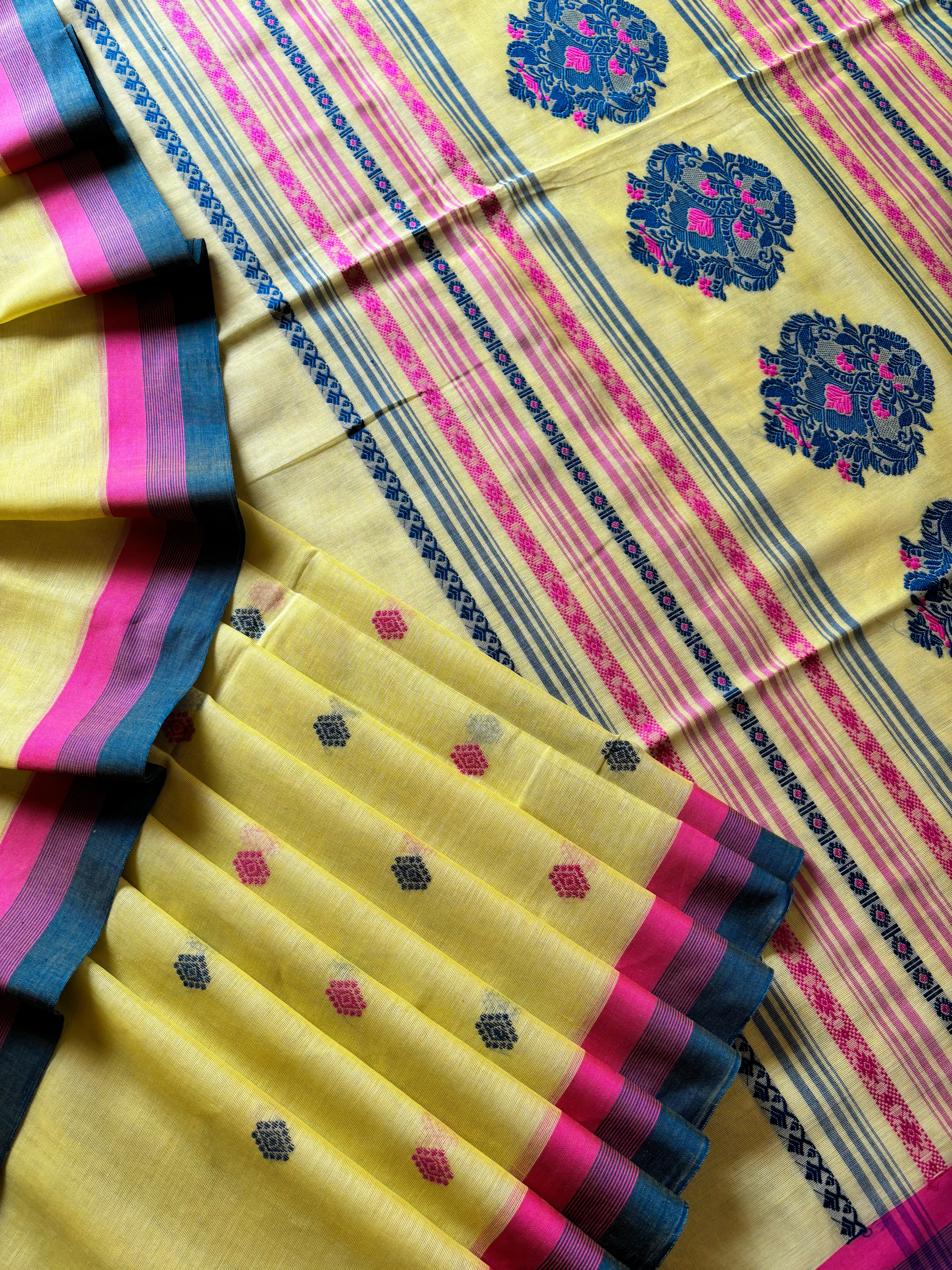 Handwoven Lemon Yellow Phulia Cotton Saree