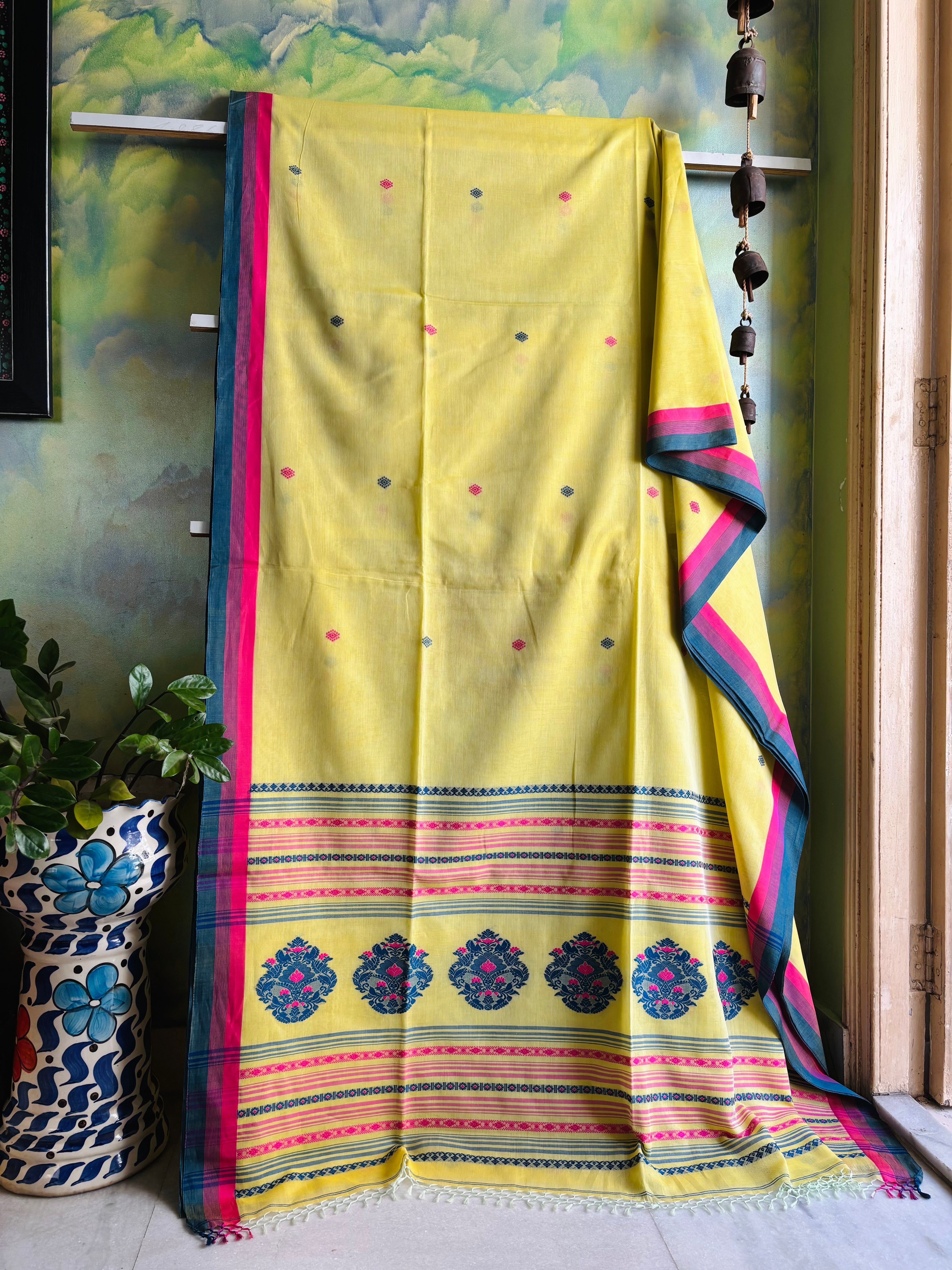 Handwoven Lemon Yellow Phulia Cotton Saree