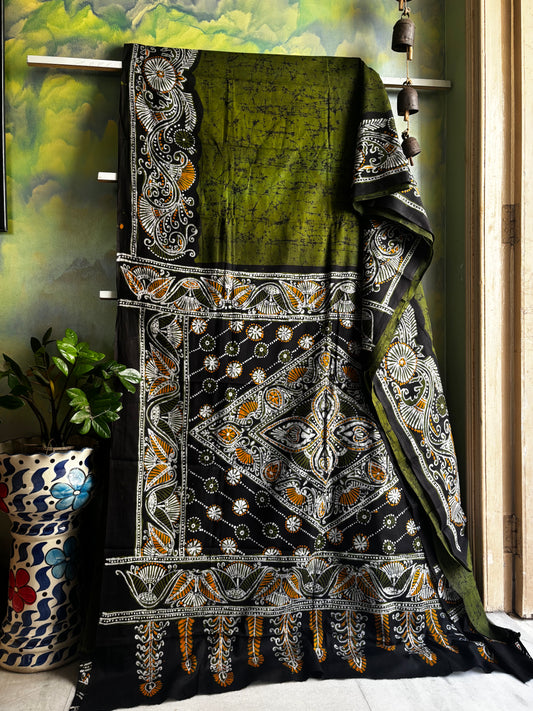 Handmade Green Pure Cotton Batik Saree
